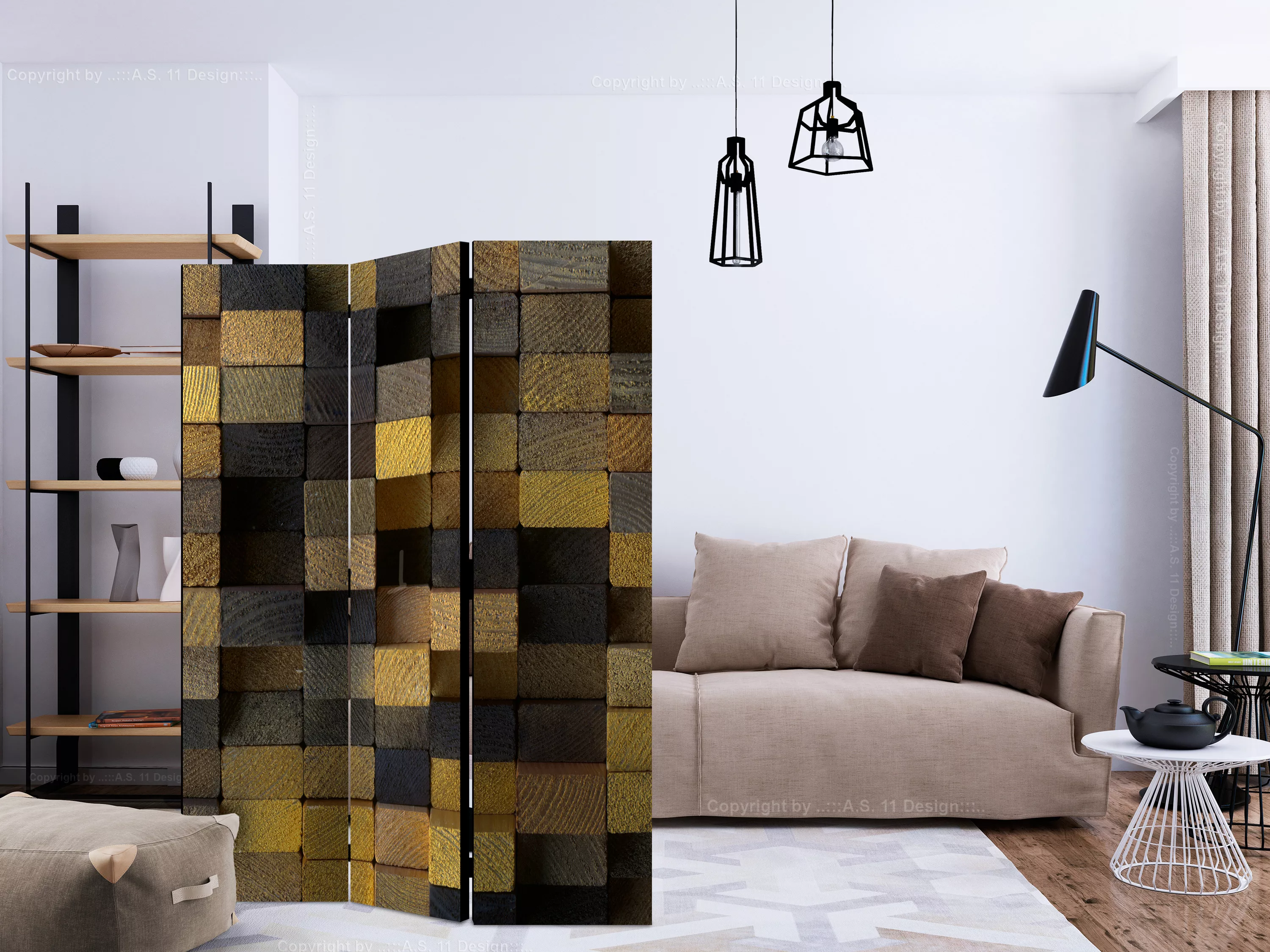 3-teiliges Paravent - Wooden Cubes [room Dividers] günstig online kaufen