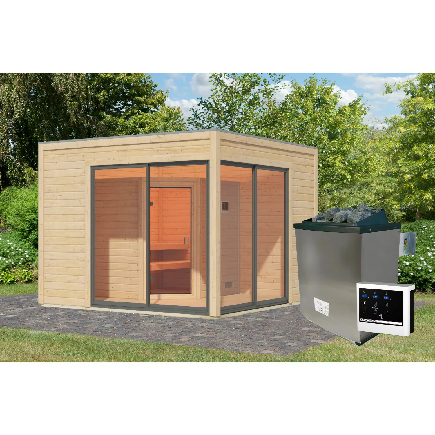 Karibu Gartenhaus Cubulis 3 Naturbelassen mit Ofen 9 kW Ext. Strg. günstig online kaufen