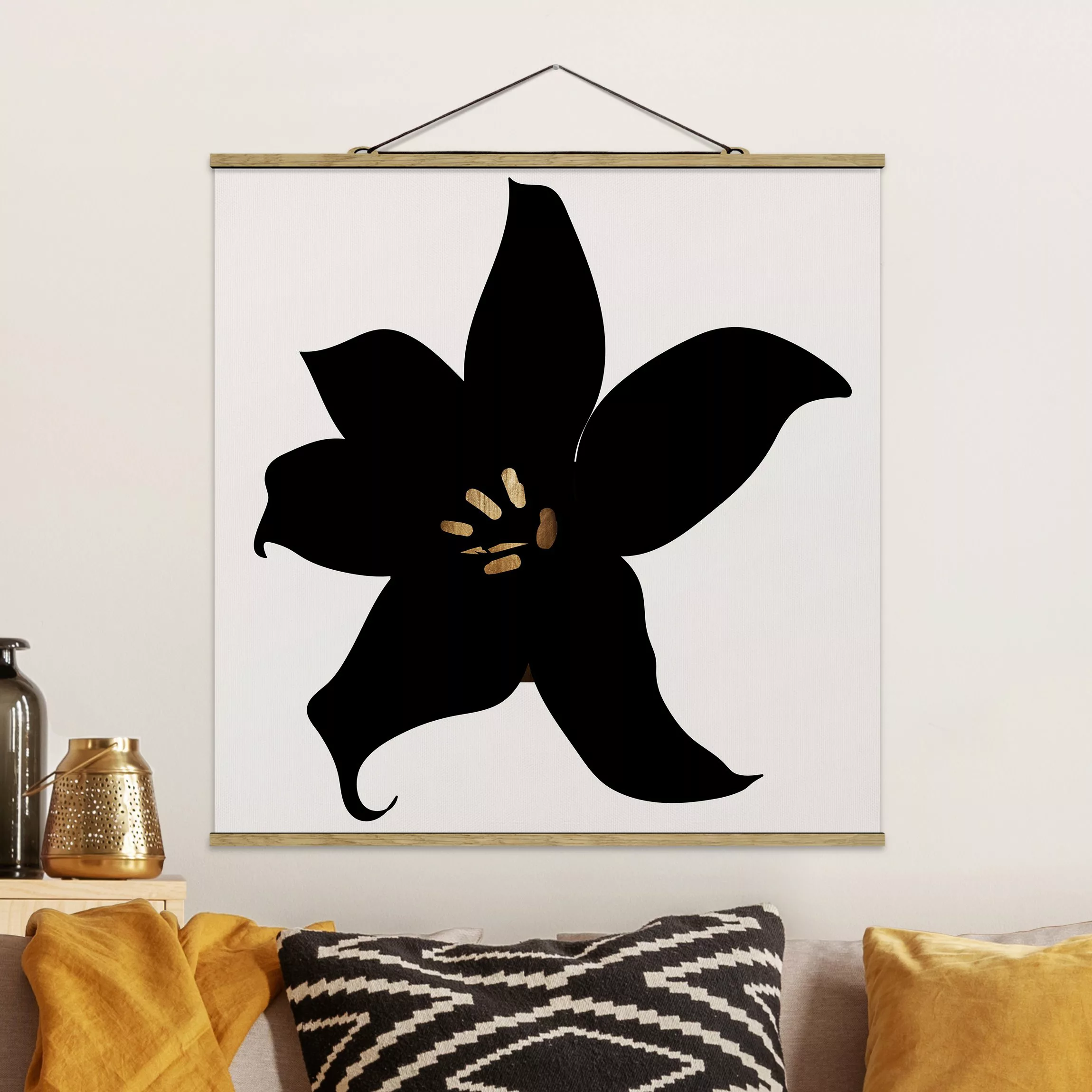 Stoffbild mit Posterleisten Grafische Pflanzenwelt - Orchidee Schwarz und G günstig online kaufen