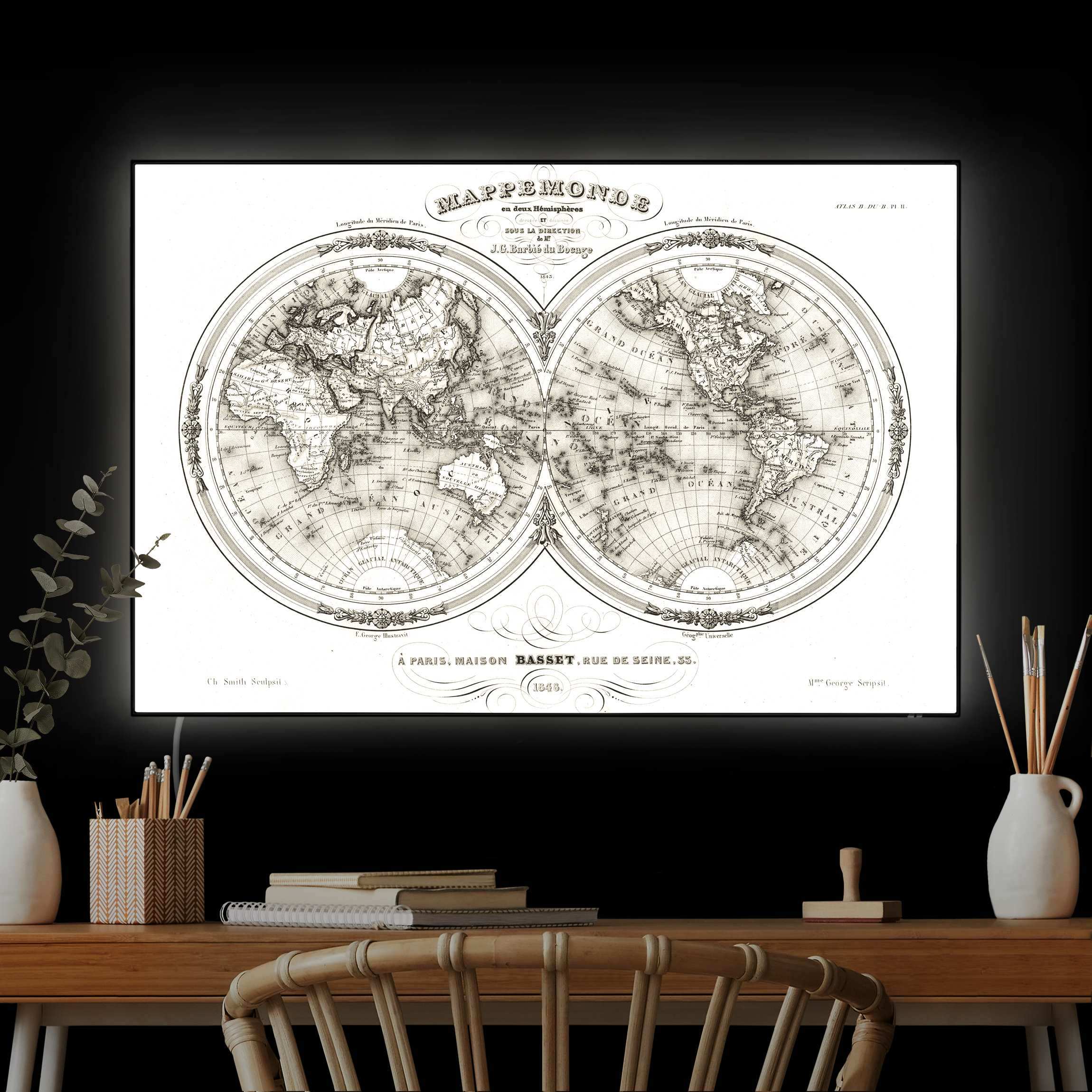 LED-Wechselbild Weltkarte - Französische Karte der Hemissphären von 1848 günstig online kaufen