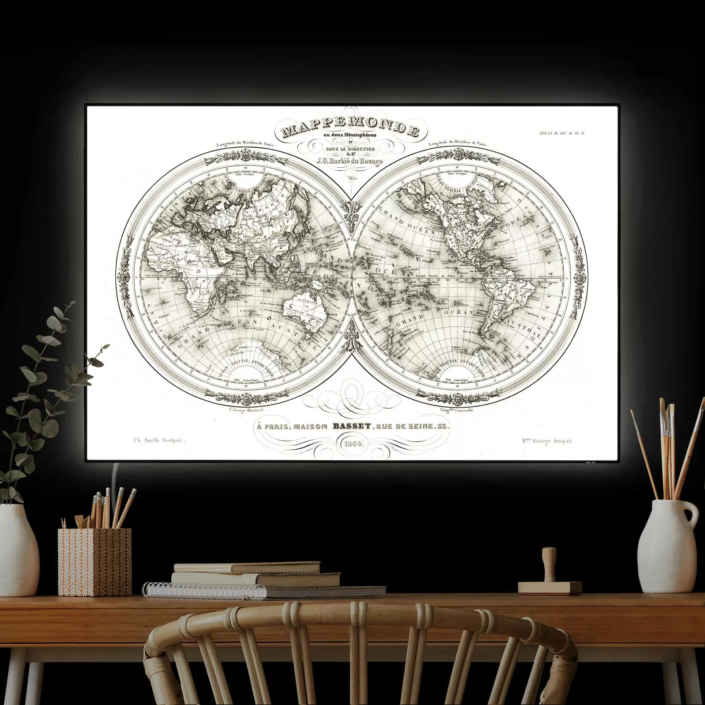 LED-Wechselbild Weltkarte - Französische Karte der Hemissphären von 1848 günstig online kaufen