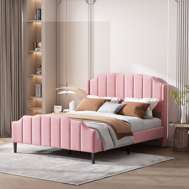 Odikalo Jugendbett Polsterbett Doppelbett Kopfteil Fußteil Beige/Rosa/Grau günstig online kaufen