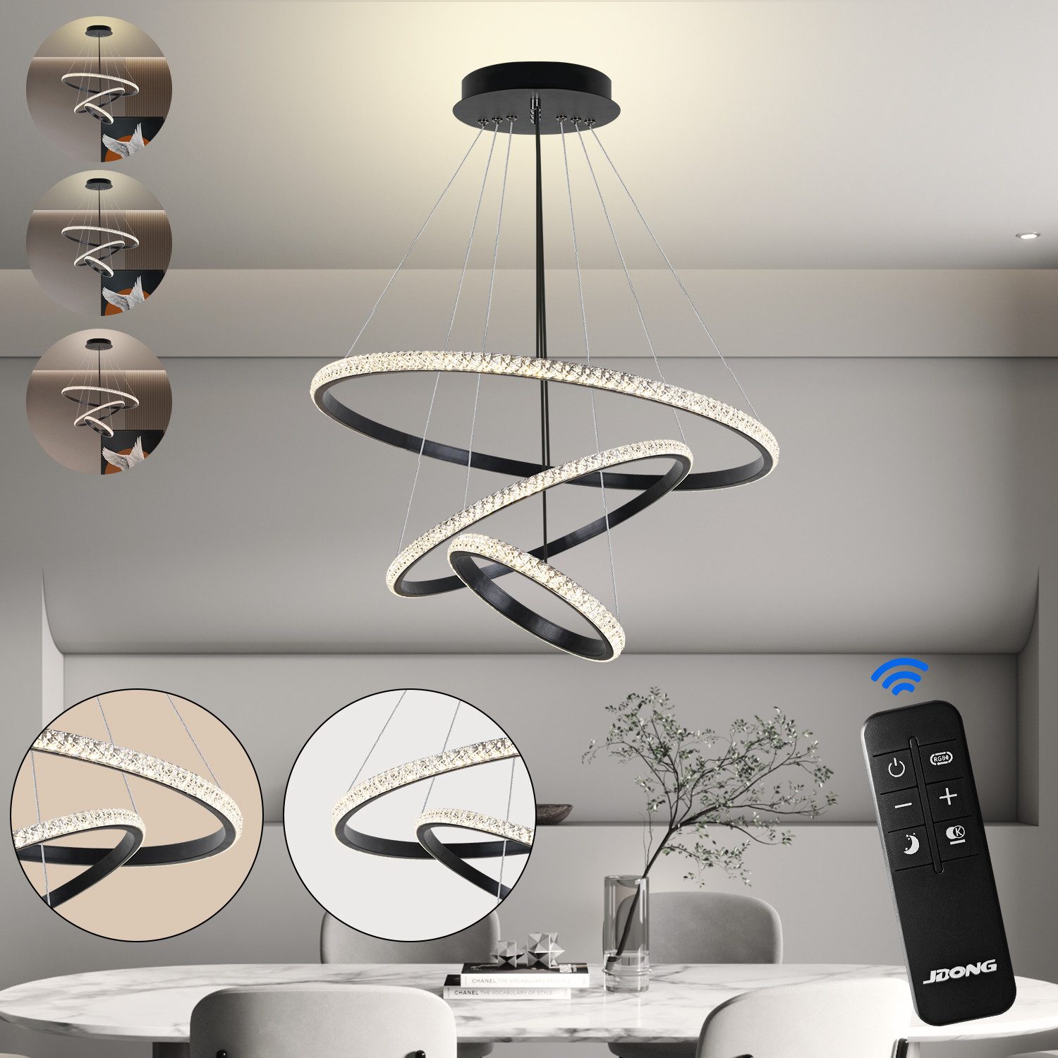 JDONG LED Pendelleuchte schwarz 3 Ring günstig online kaufen