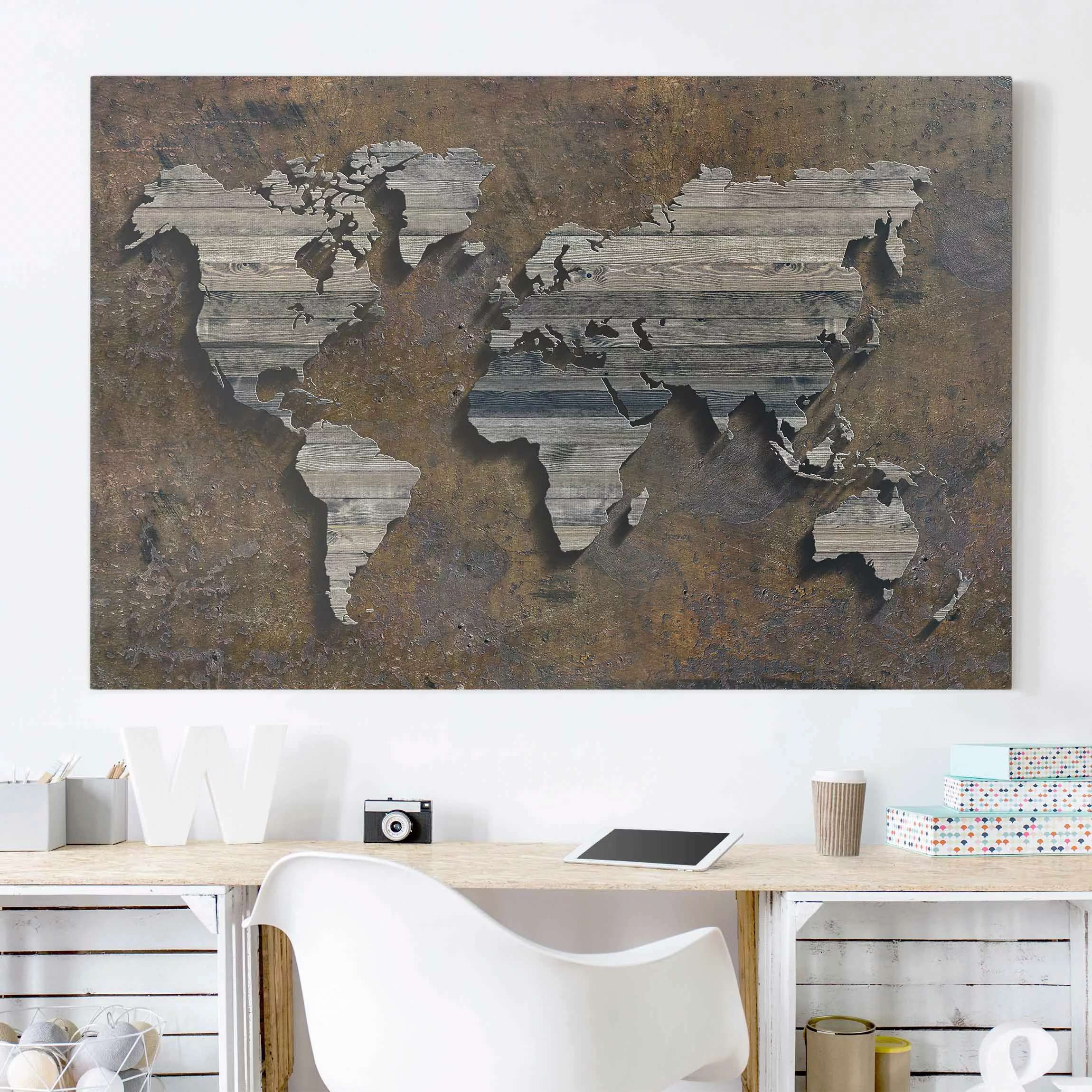 Leinwandbild Weltkarte - Querformat Holz Rost Weltkarte günstig online kaufen