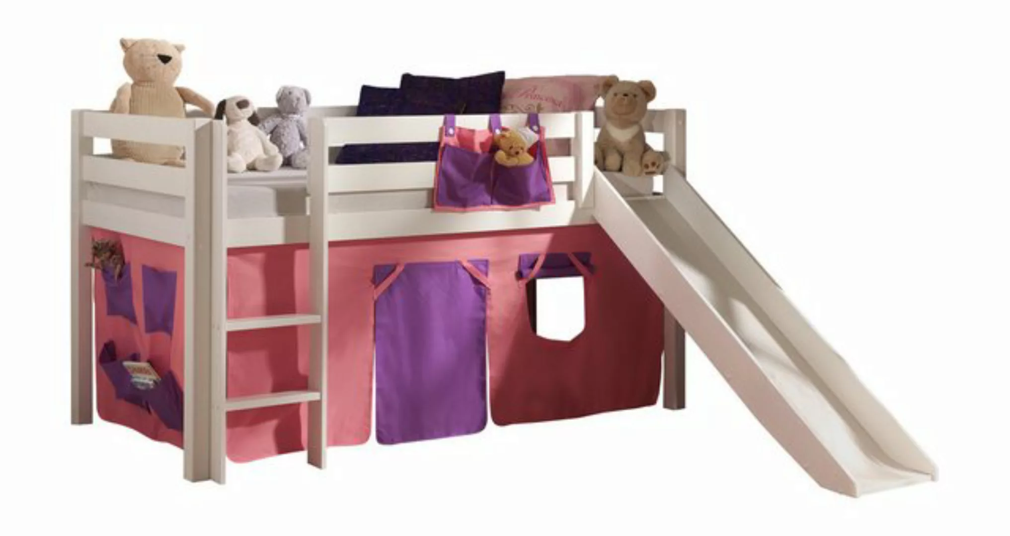 Hochbett Kinderzimmer mit Textil Set Bella incl. Rutsche PINOO-12 in Kiefer günstig online kaufen