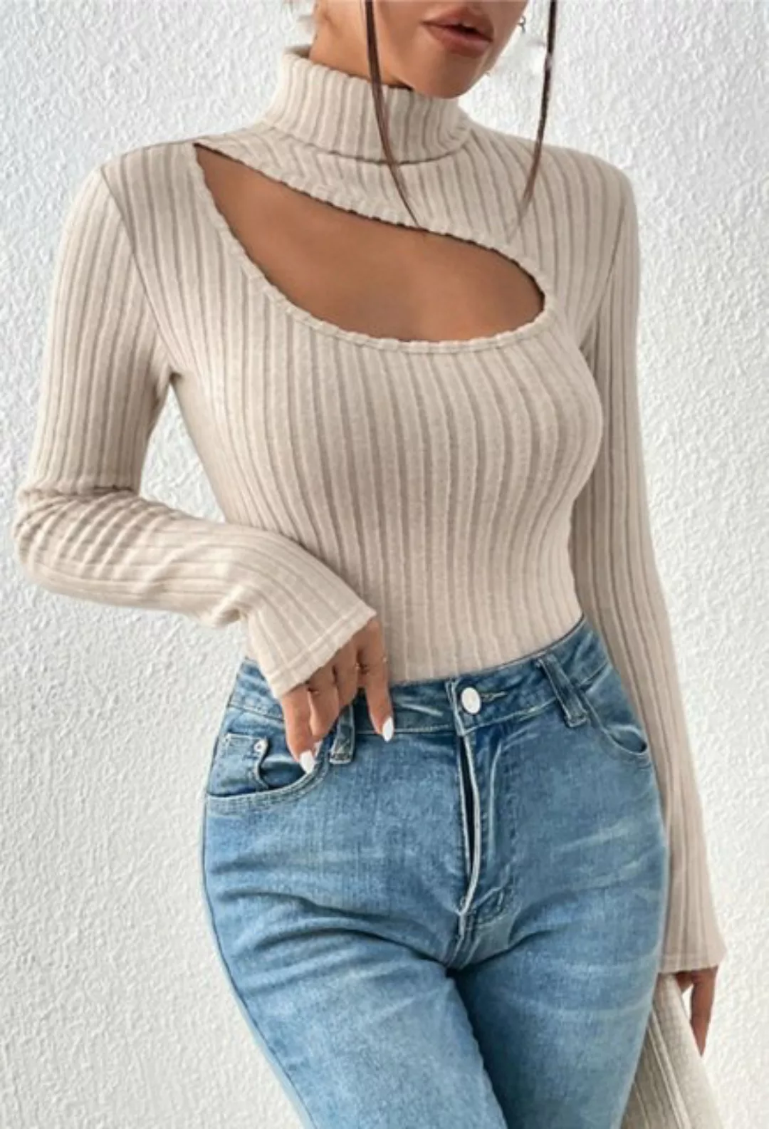 CHENIN Langarmhemd Damen Hollow Out Bottom Shirt High Neck Long Sleeve Läss günstig online kaufen