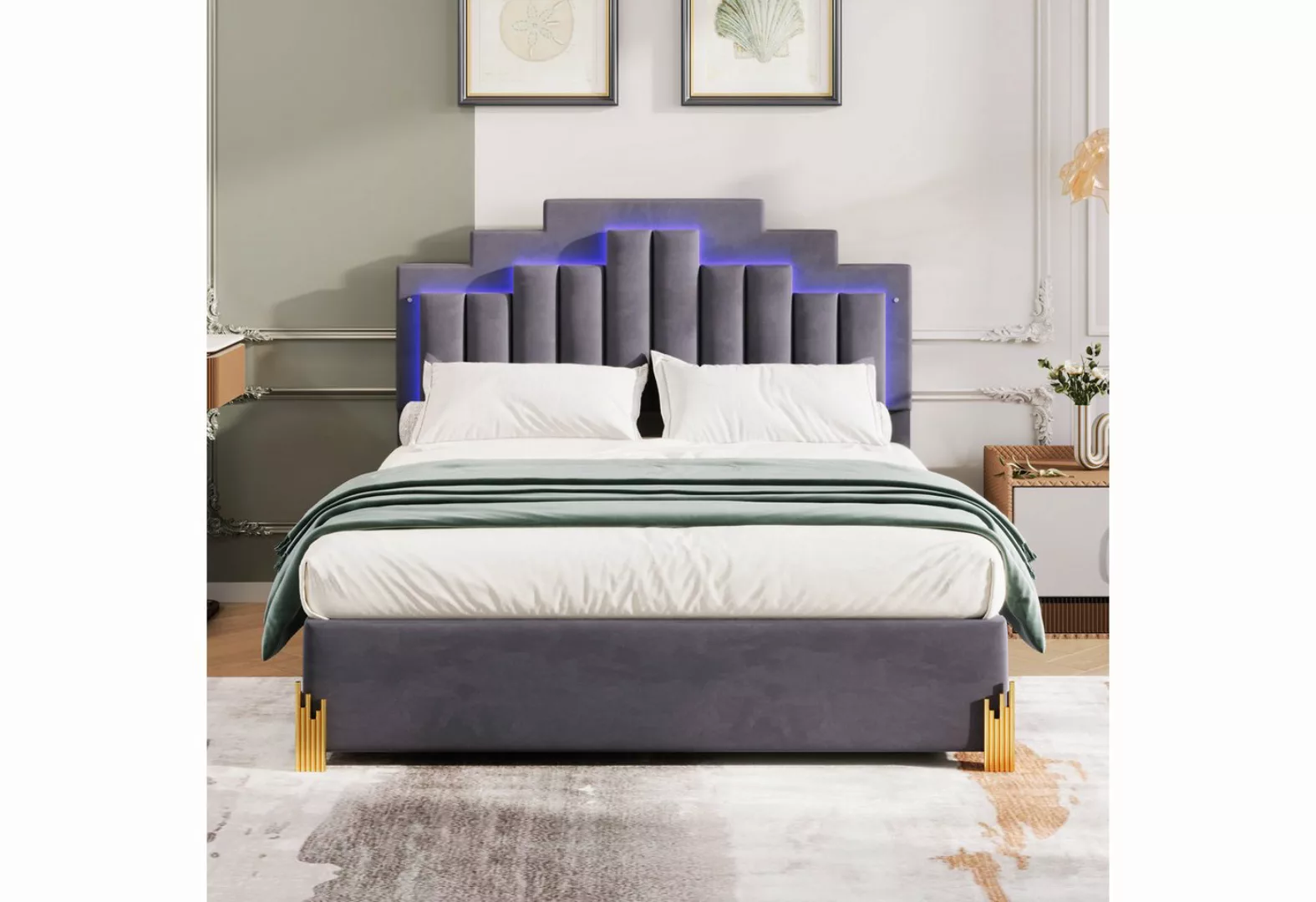 Ulife Polsterbett Doppelbett mit LED-Licht und Stauraumschubladen,140 x 200 günstig online kaufen