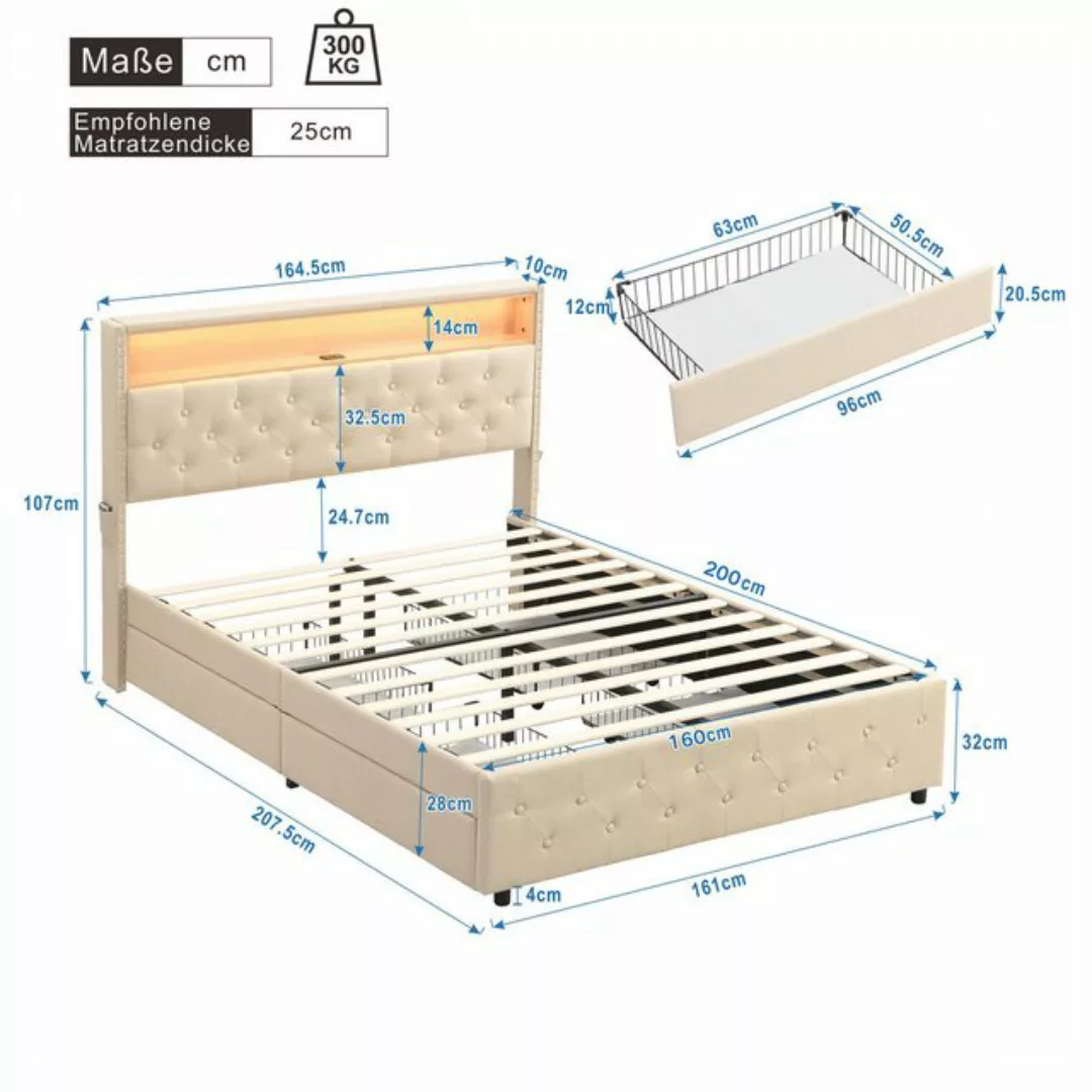 KoDise Polsterbett Bettgestell Doppelbett,  4 Schubladen, weiches Leinen Ko günstig online kaufen