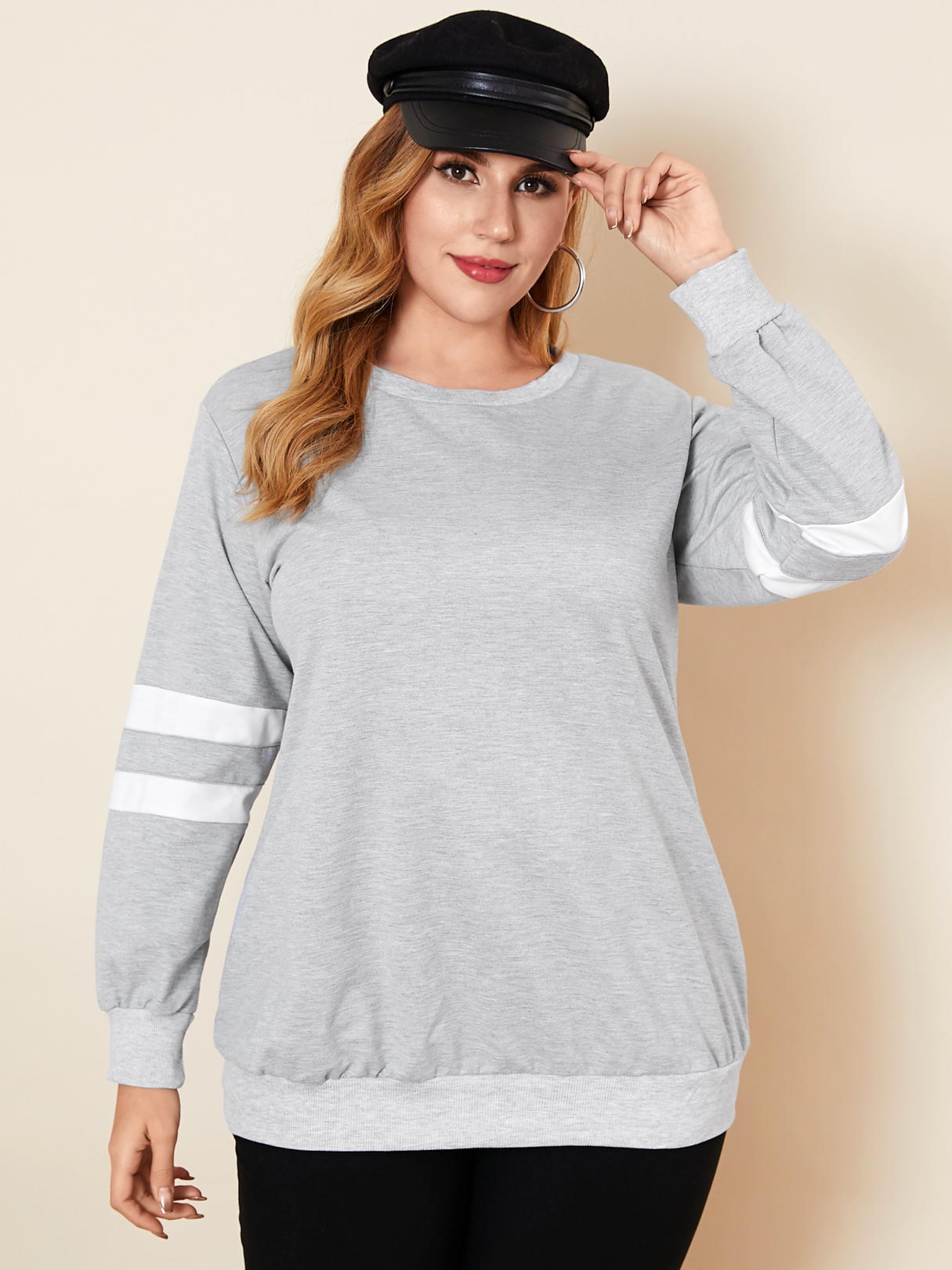YOINS Plus Größe Rundhals-Sweatshirt mit gestreiften langen Ärmeln günstig online kaufen