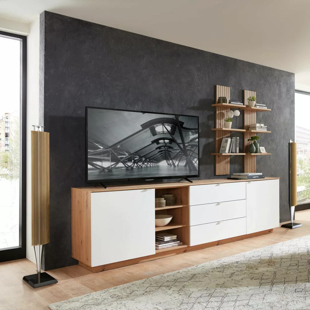 TV Sideboard Set mit Wandregalen Fernsehschrank Eiche mit weiß, Breite 240 günstig online kaufen