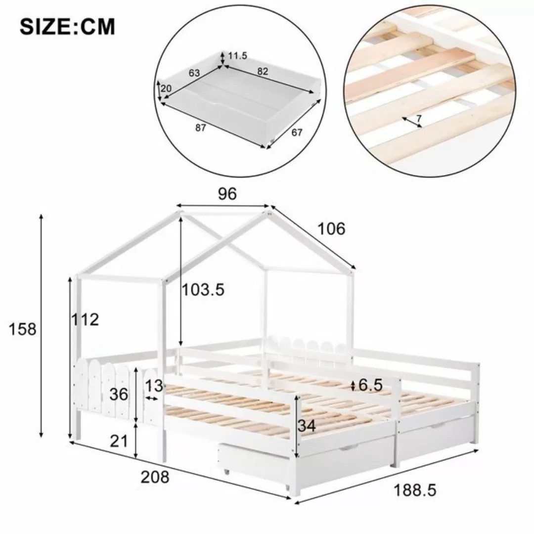 Fangqi Hausbett Kinderbett mit 2 MDF-Schubladen, Lattenrost aus Kiefer, 200 günstig online kaufen