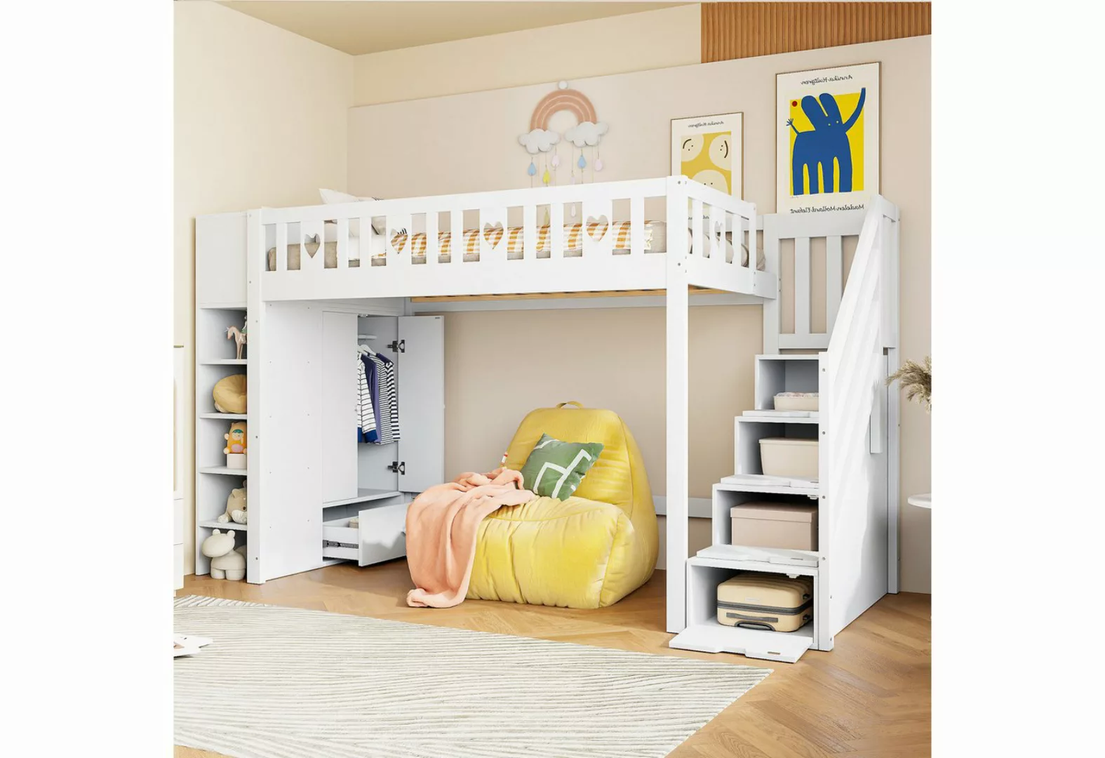 Flieks Hochbett Kinderbett 90x200cm mit Kleiderschrank Ablagefächer und Sta günstig online kaufen