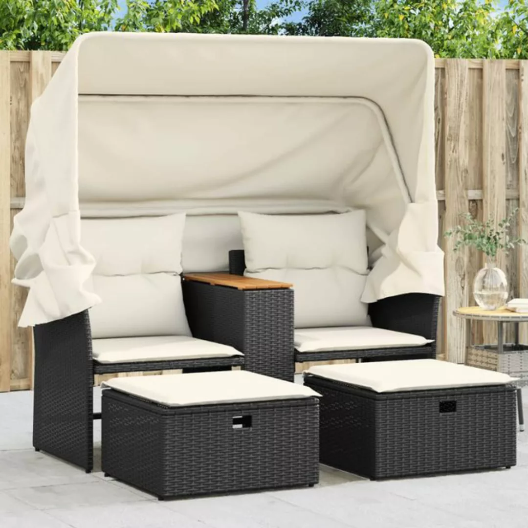 vidaXL Loungesofa Gartensofa 2-Sitzer mit Dach und Hockern Schwarz Poly Rat günstig online kaufen