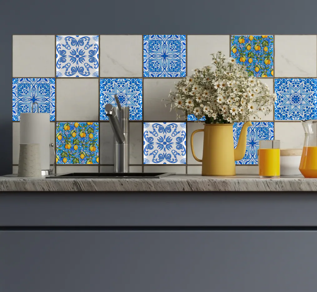 queence Fliesenaufkleber "Blaue Ornamente mit Zitronen", (12 St.), selbstkl günstig online kaufen