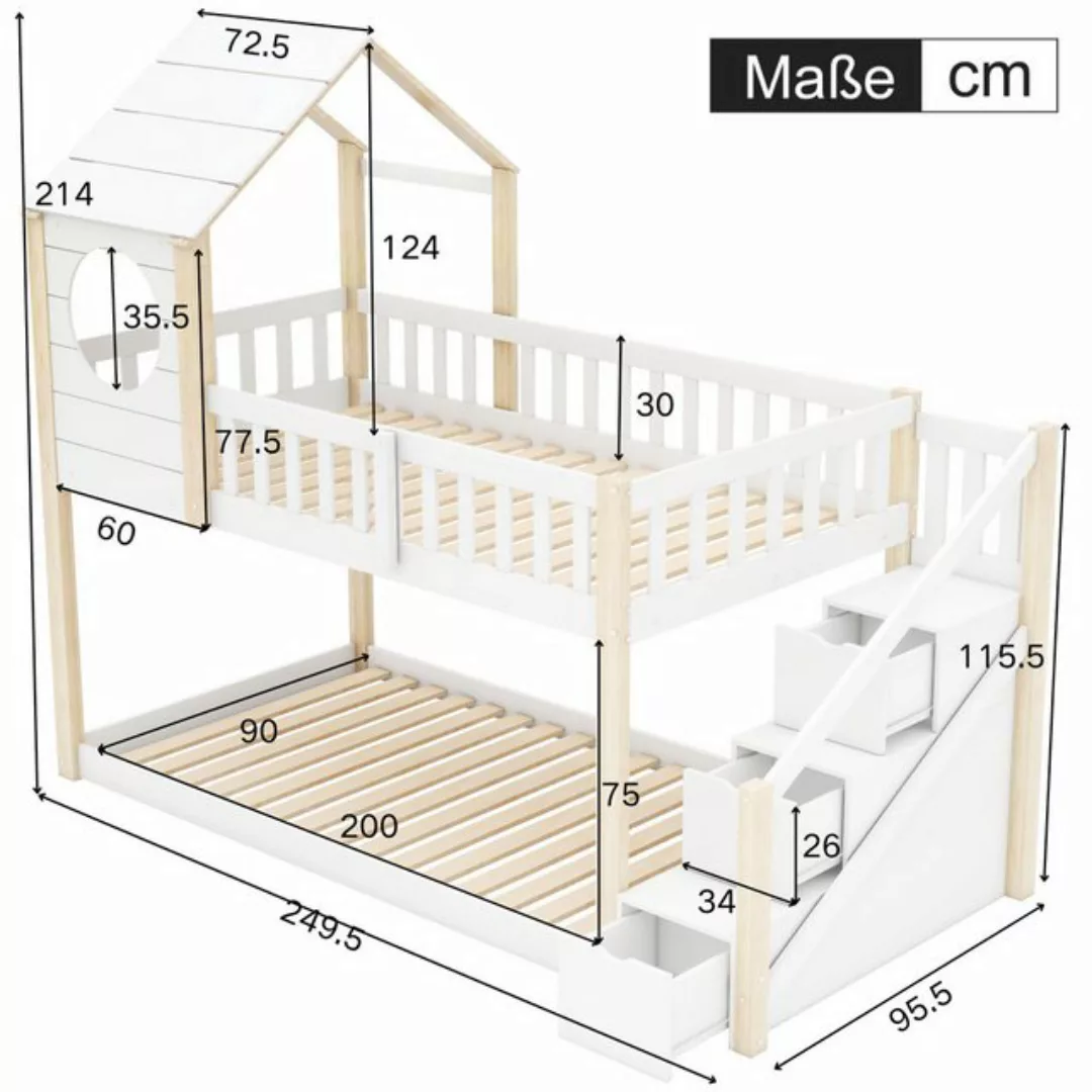 Flieks Etagenbett, Hochbett Kinderbett Hausbett mit 3 Stauraumschubladen 90 günstig online kaufen