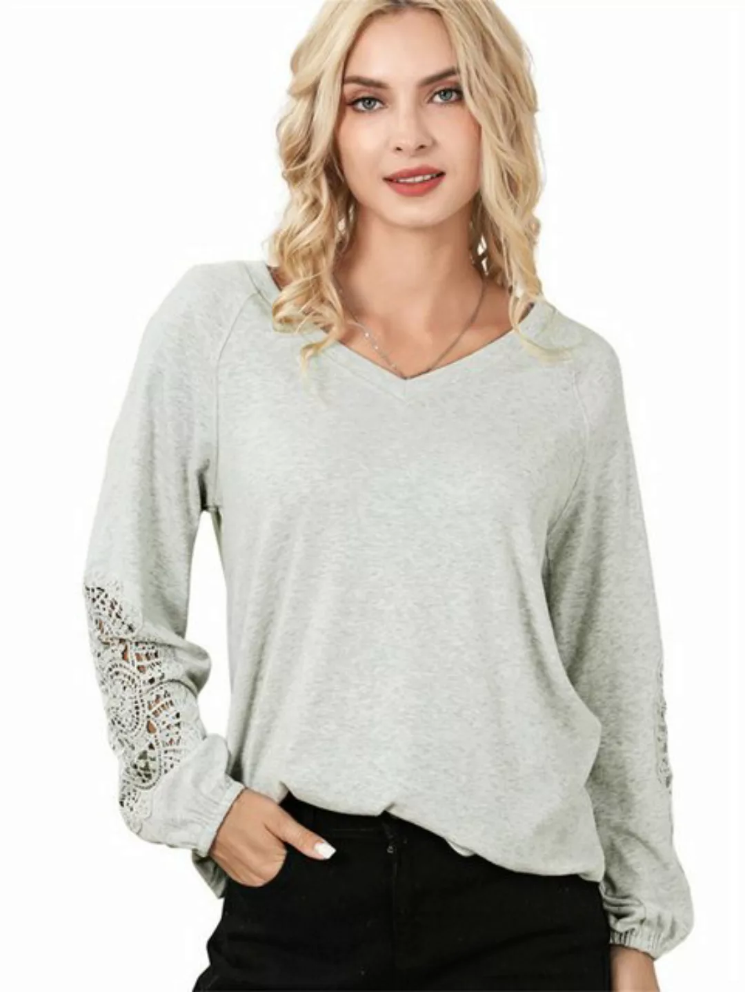 RUZU UG Langarmshirt Damen Pullover Lockerer V-Ausschnitt Sweatshirt Sweate günstig online kaufen