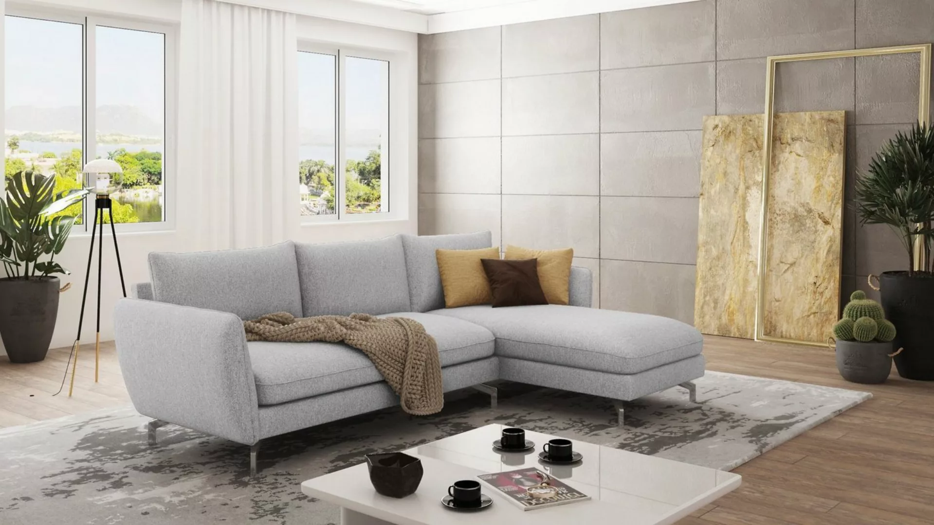 S-Style Möbel Ecksofa Modernes mit Ottomane Benita mit Silber Metall Füßen, günstig online kaufen