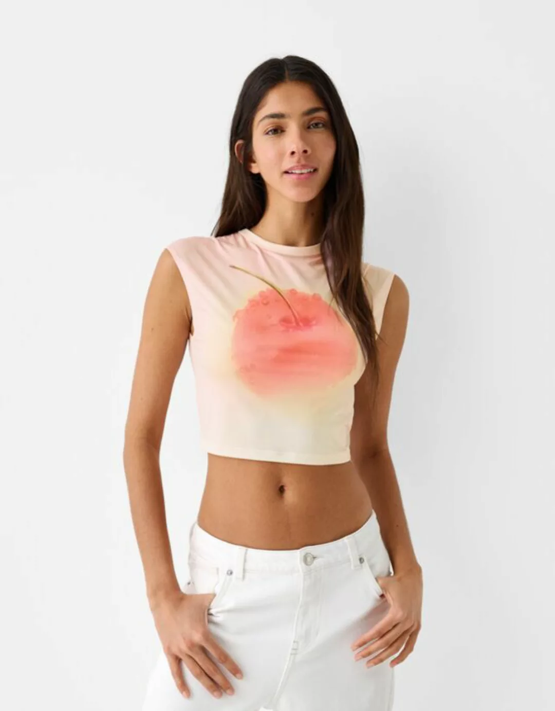 Bershka Cropped-T-Shirt Mit Print Damen L Rosa günstig online kaufen