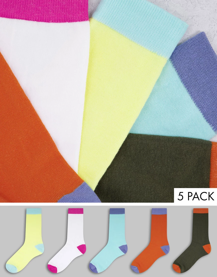 ASOS DESIGN – 5er-Pack Socken mit Farbblockdesign in Pastellfarben-Mehrfarb günstig online kaufen