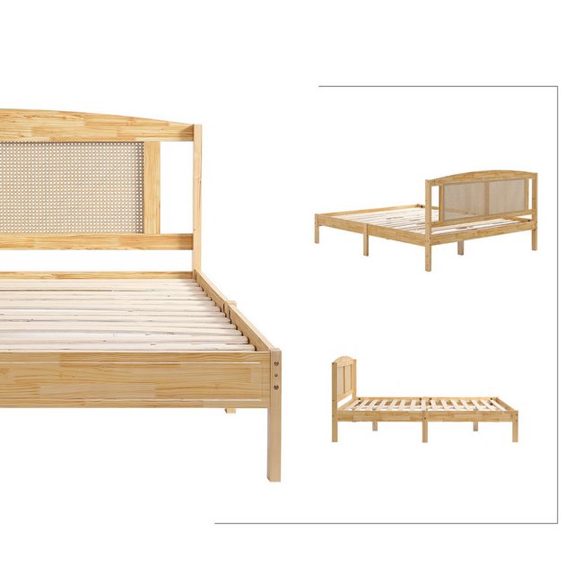 SeedWave Massivholzbett Doppelbett mit Rattan Bettkopfteil, Holzbett, Latte günstig online kaufen