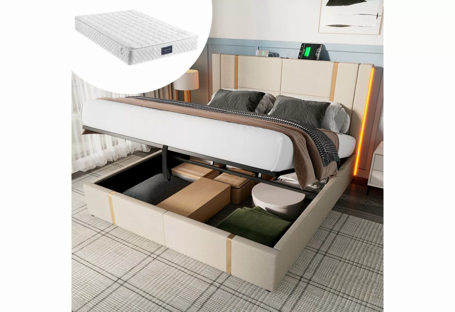 Gotagee Polsterbett Stauraumbett Doppelbett 140×200cm Mit Matratze USB Type günstig online kaufen