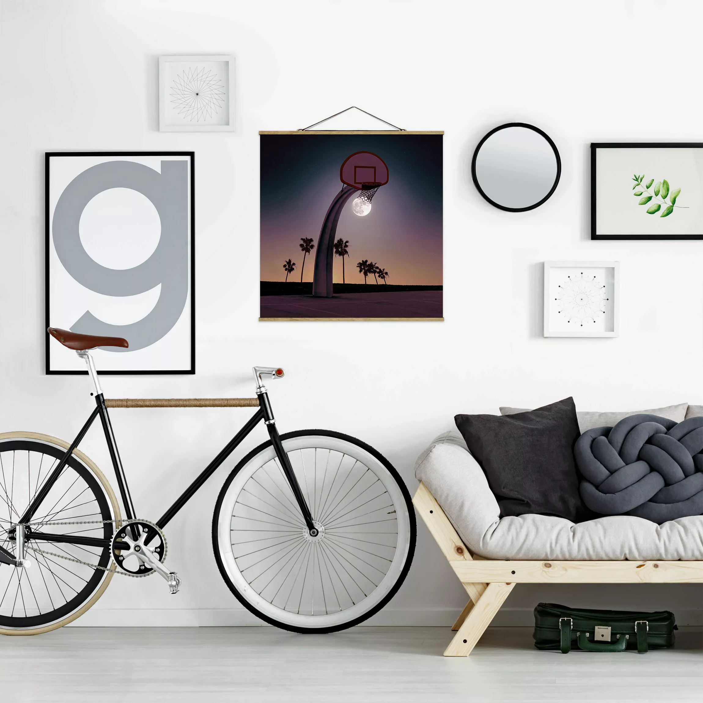 Stoffbild mit Posterleisten - Quadrat Basketball mit Mond günstig online kaufen
