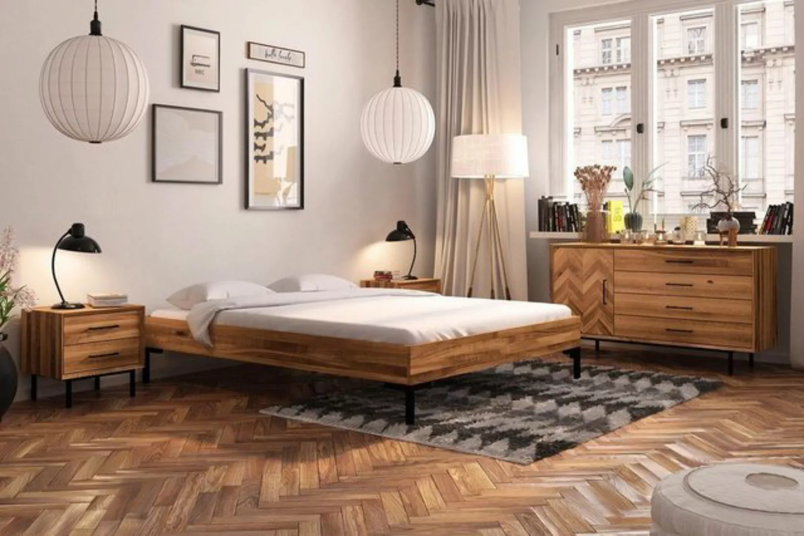 Natur24 Bett Bett Seiba 3 Wildeiche massiv 180x200 ohne Kopfteil Metallbein günstig online kaufen