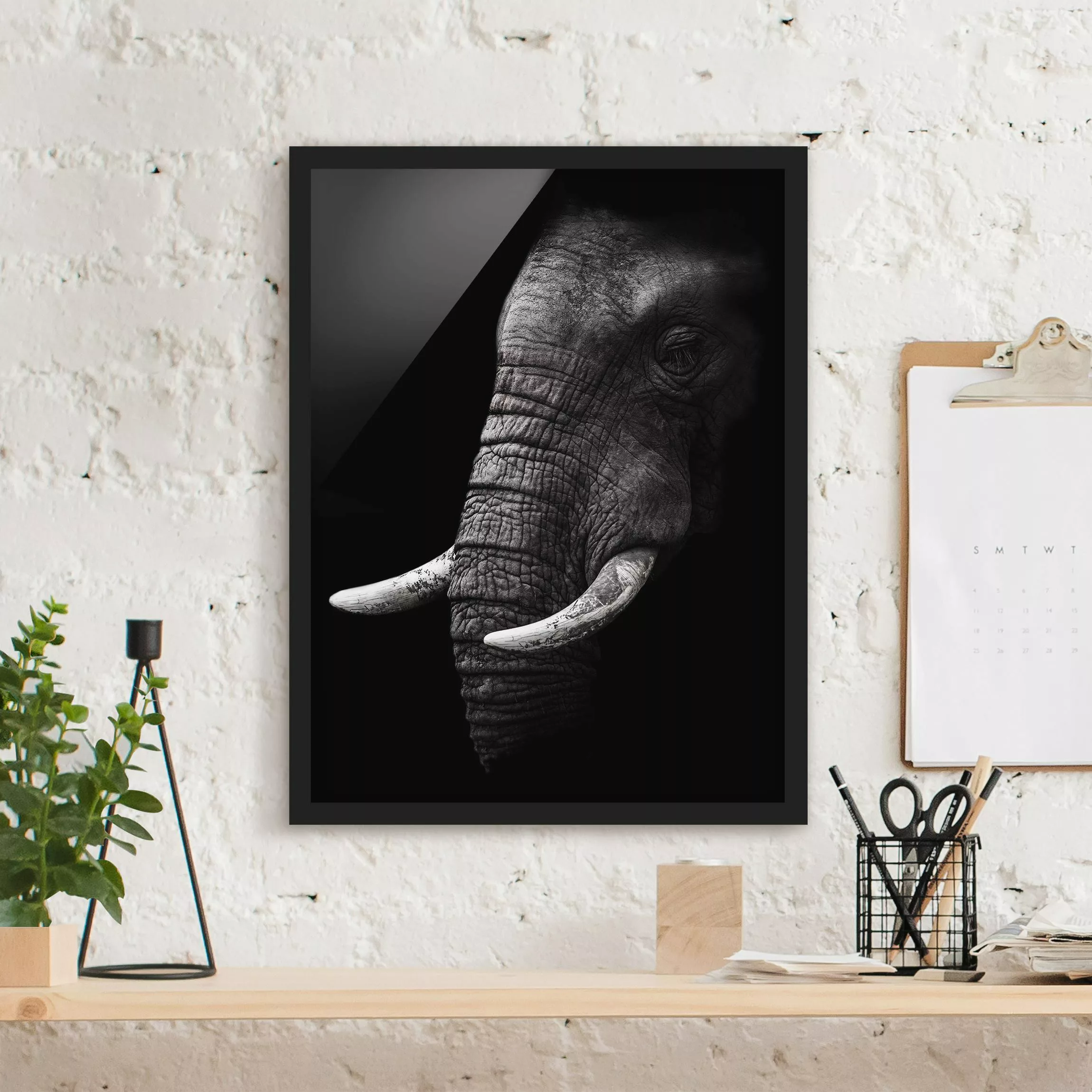 Bild mit Rahmen Schwarz-Weiß - Hochformat Dunkles Elefanten Portrait günstig online kaufen