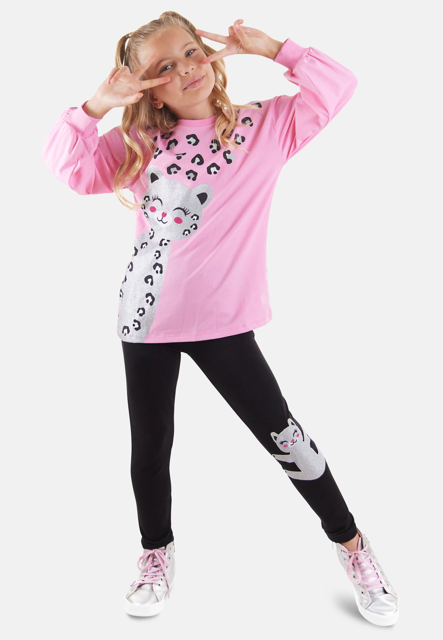 Denokids Hausanzug "Set Glitter Leo", mit Leopard-Motiv in Silber-Glitzer günstig online kaufen