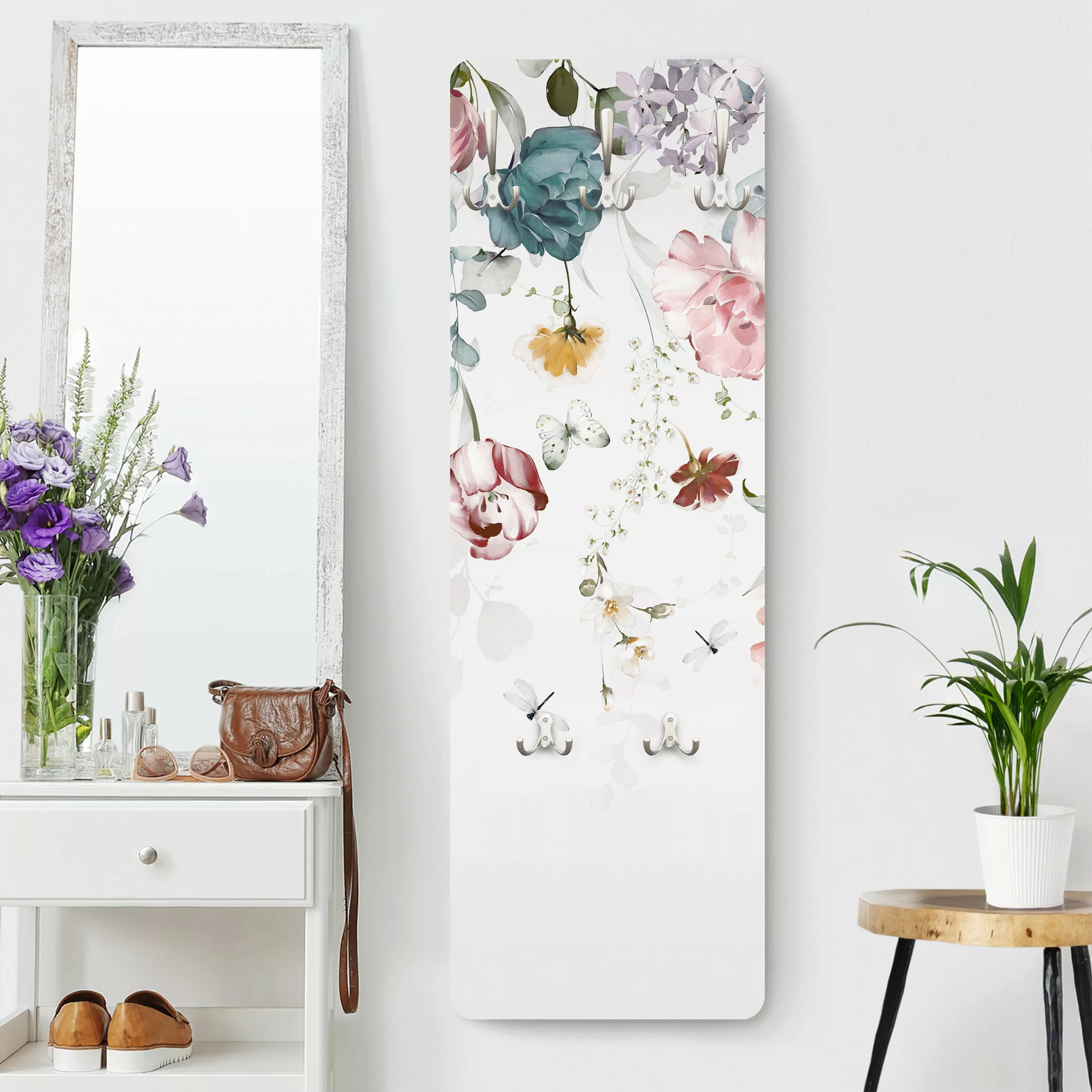 Wandgarderobe Rankende Blumen mit Schmetterlingen Aquarell günstig online kaufen