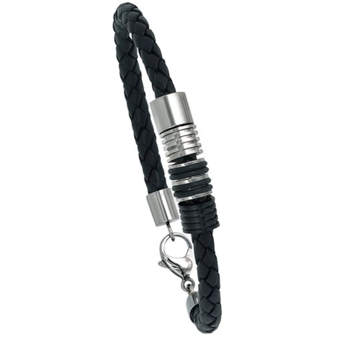 SIGO Armband Leder schwarz mit Edelstahl und Kautschuk 21 cm Lederarmband günstig online kaufen