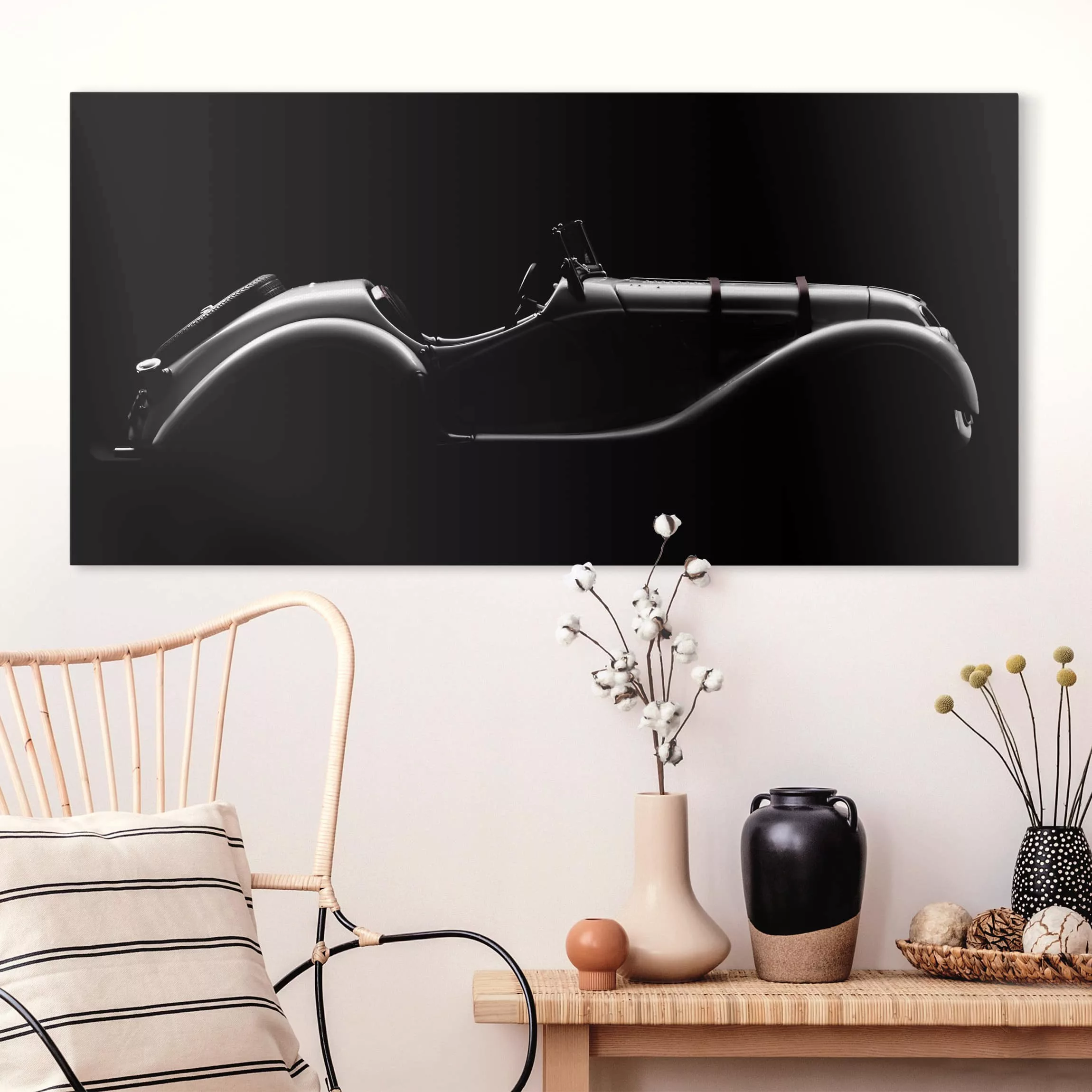 Leinwandbild Schwarz-Weiß - Querformat Oldtimer Silhouette günstig online kaufen
