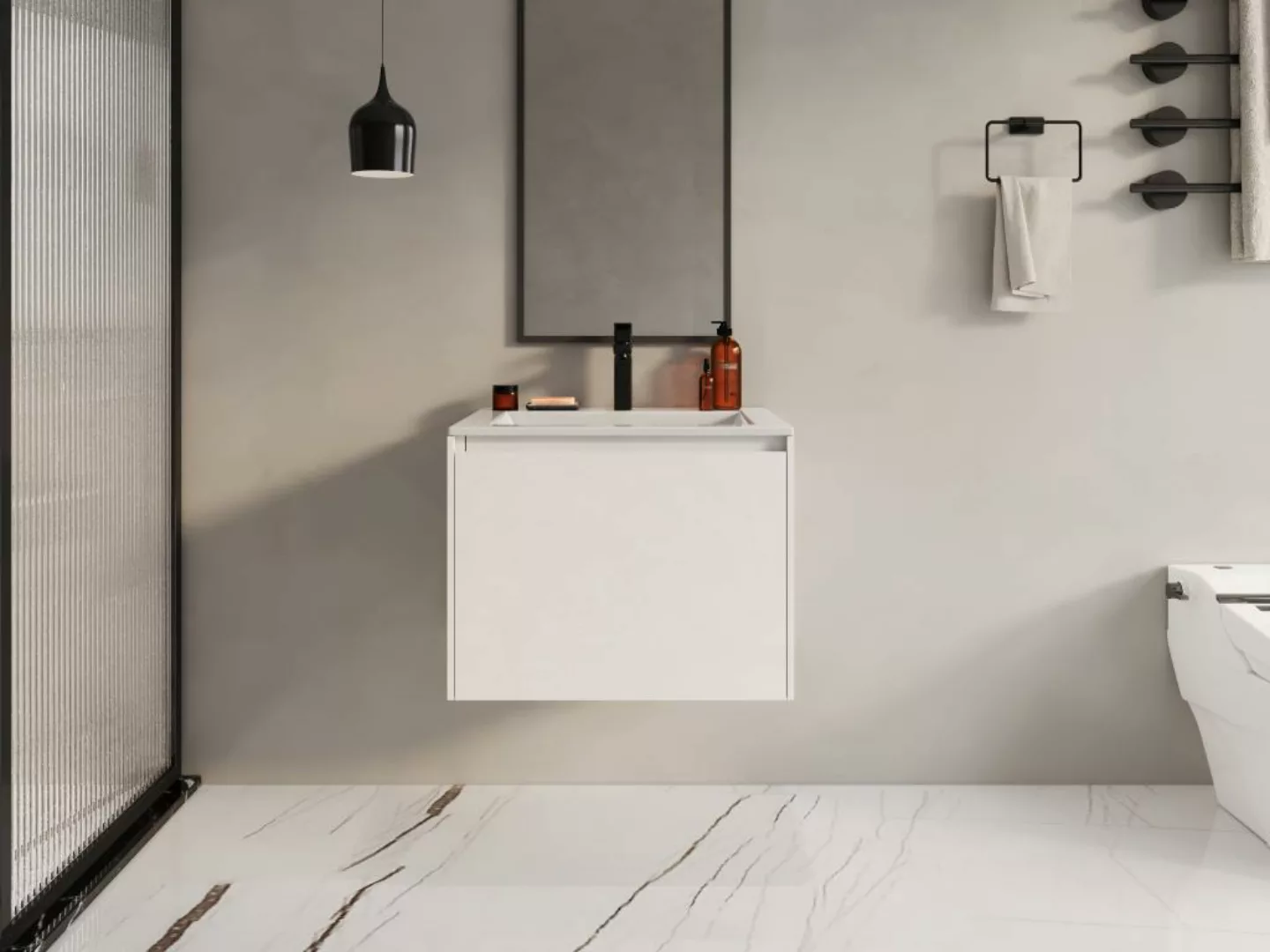 Waschbeckenunterschrank hängend - 60 cm - Weiß strukturiert - SOSTHENE günstig online kaufen