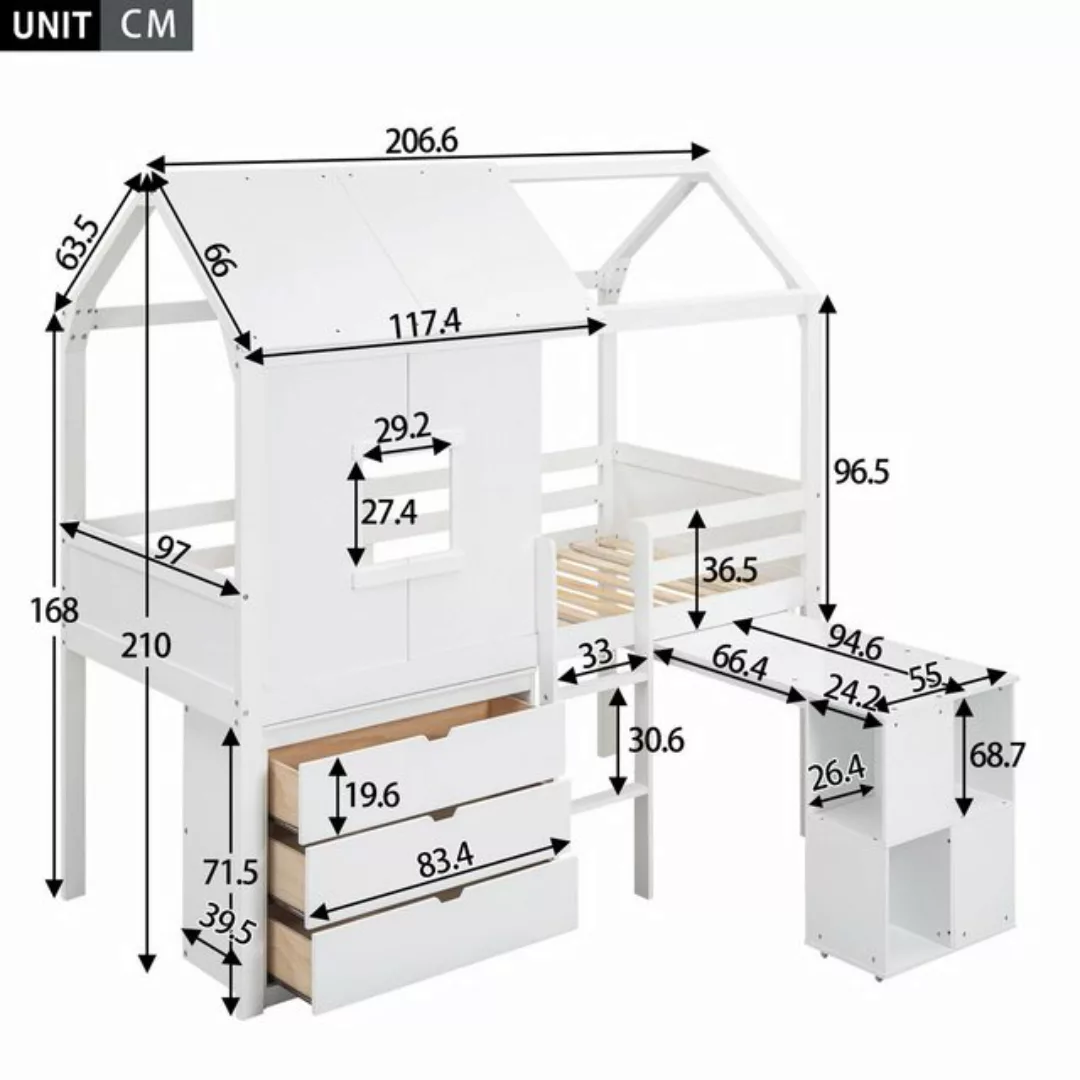 Odikalo Kinderbett Hochbett Hausform Fenster Ausziehbar Tisch 3 Schubladen günstig online kaufen