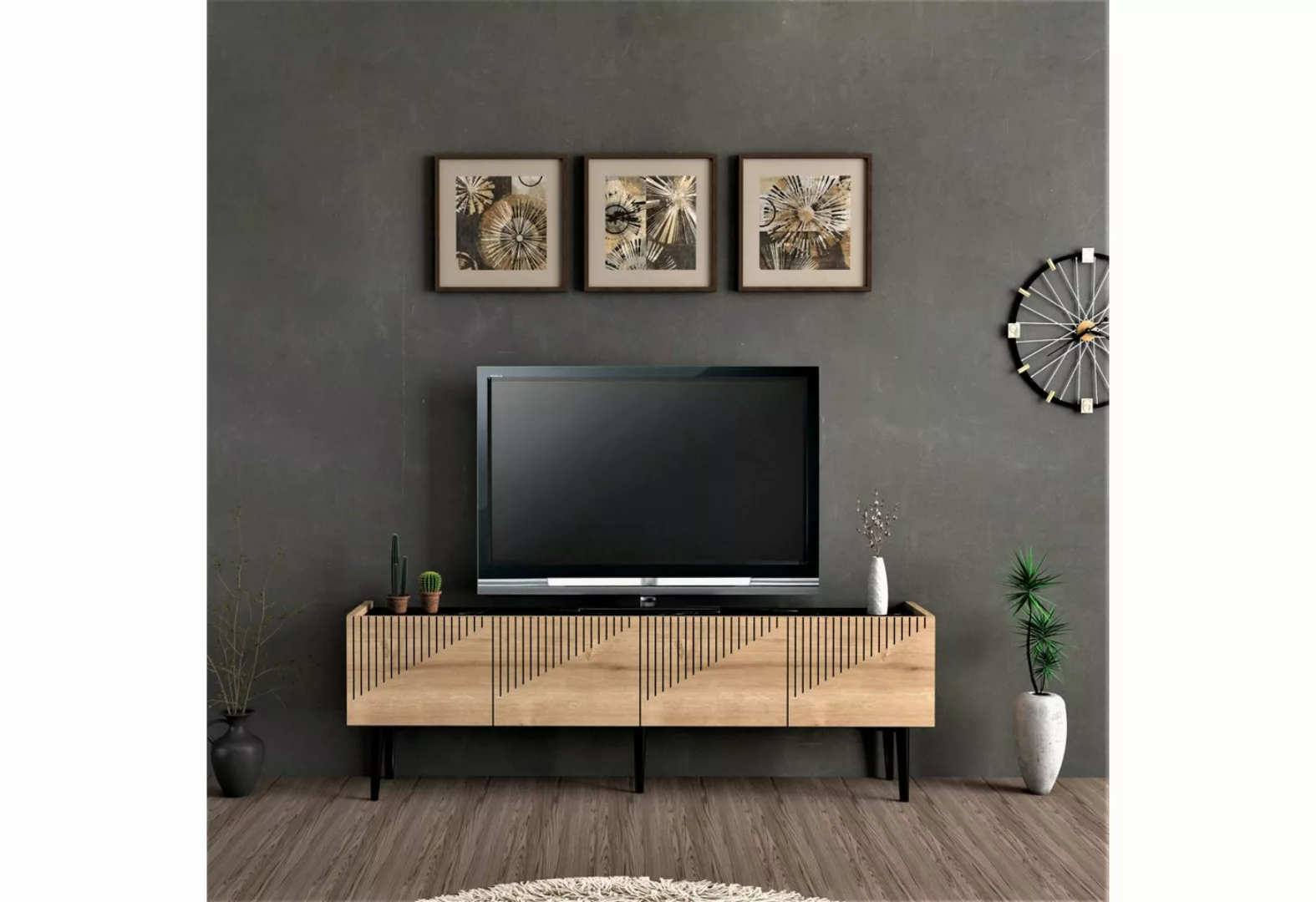 en.casa TV-Schrank »Oppdal« 154x37x45cm Eiche / Marmor, schwarz günstig online kaufen