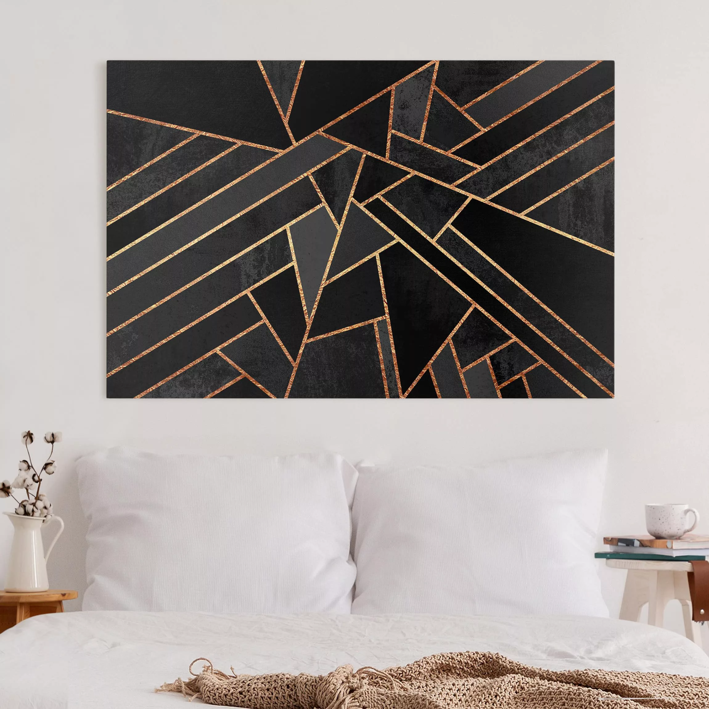 Leinwandbild Abstrakt - Querformat Schwarze Dreiecke Gold günstig online kaufen