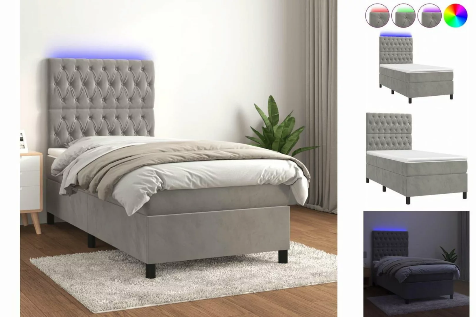 vidaXL Boxspringbett Boxspringbett mit Matratze LED Hellgrau 90x190 cm Samt günstig online kaufen