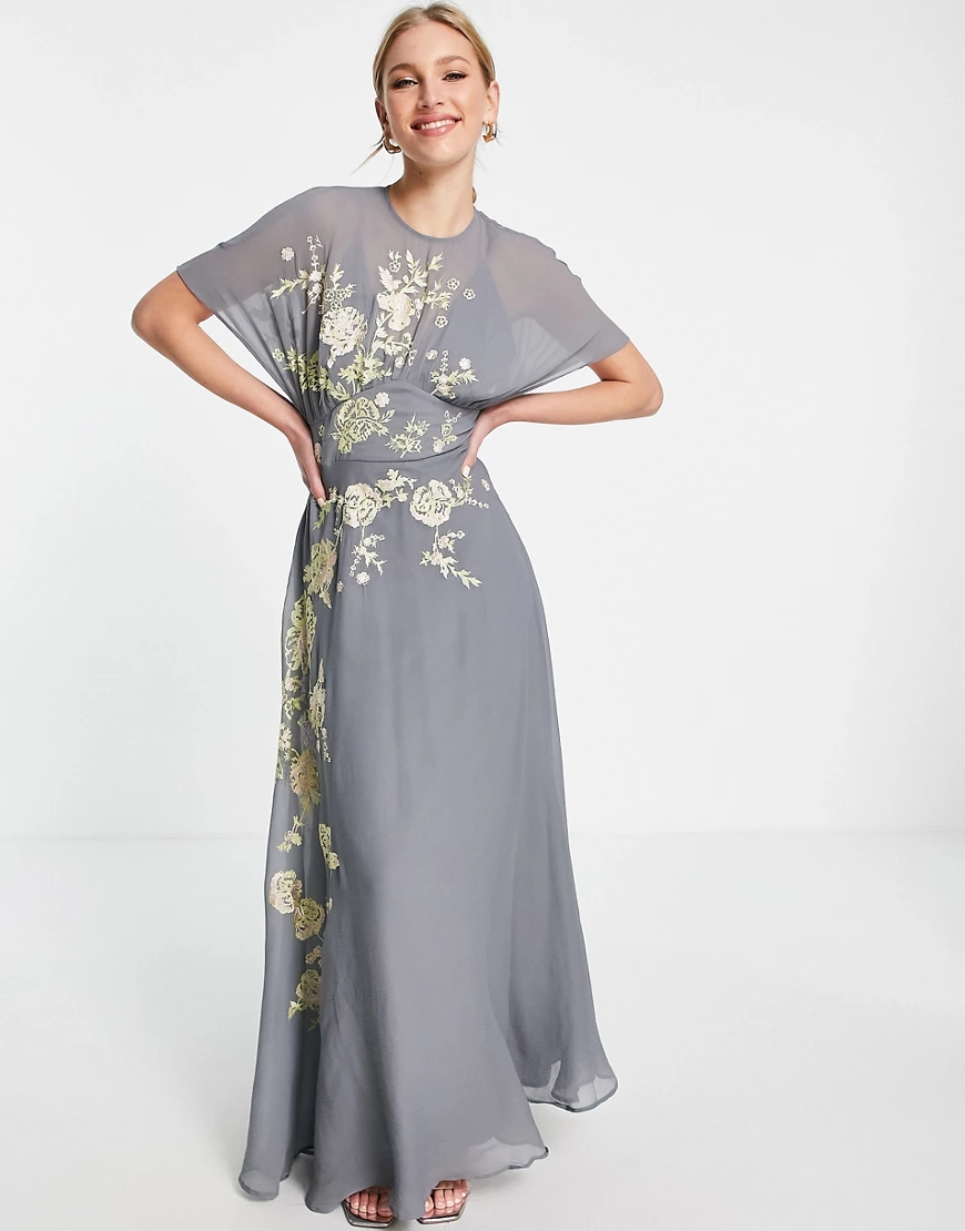 ASOS DESIGN – Maxikleid in Grau mit aufgestickten Blumen günstig online kaufen