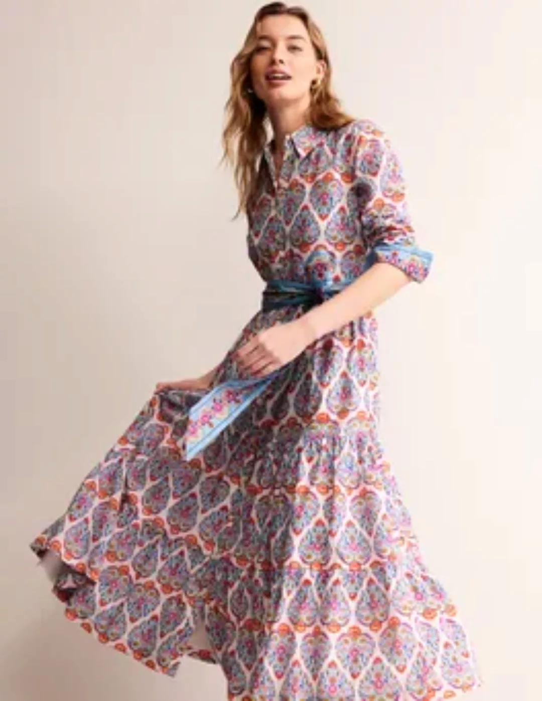 Flo Maxi-Hemdblusenkleid aus Baumwolle Damen Boden, Hellblau, Flora-Stempel günstig online kaufen