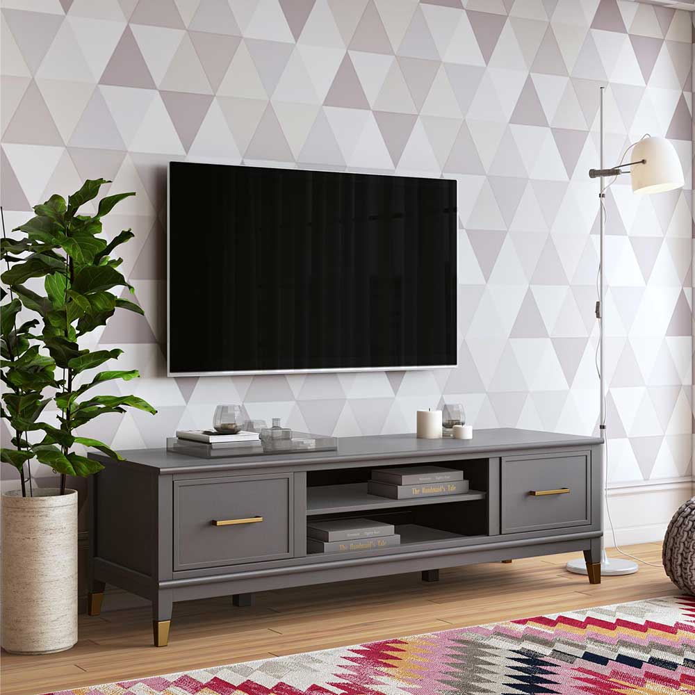 TV Board mit Türen Grau und Goldfarben günstig online kaufen