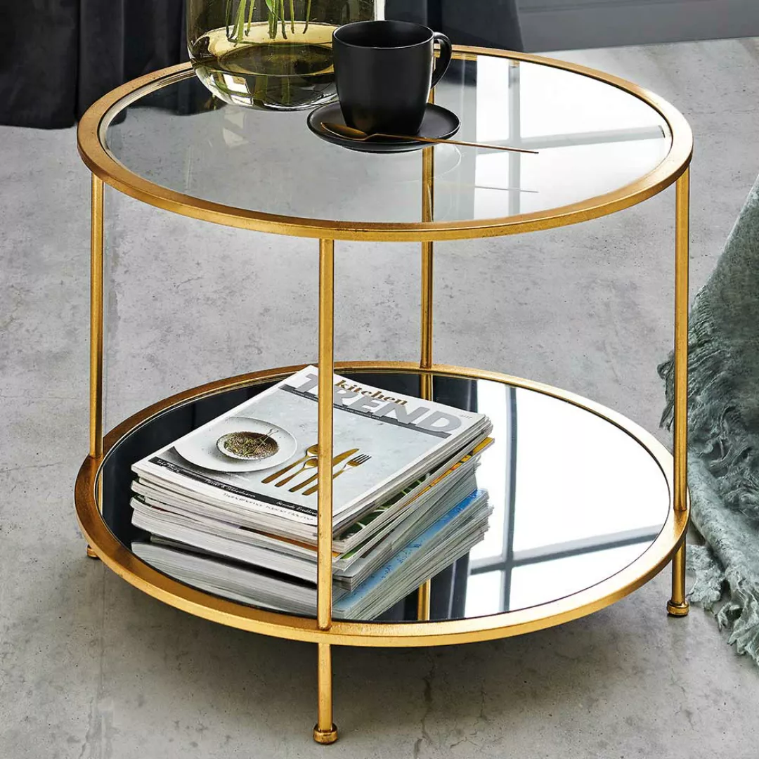 Runder Sofa Tisch aus Stahl in Goldfarben Spiegelglasplatten günstig online kaufen