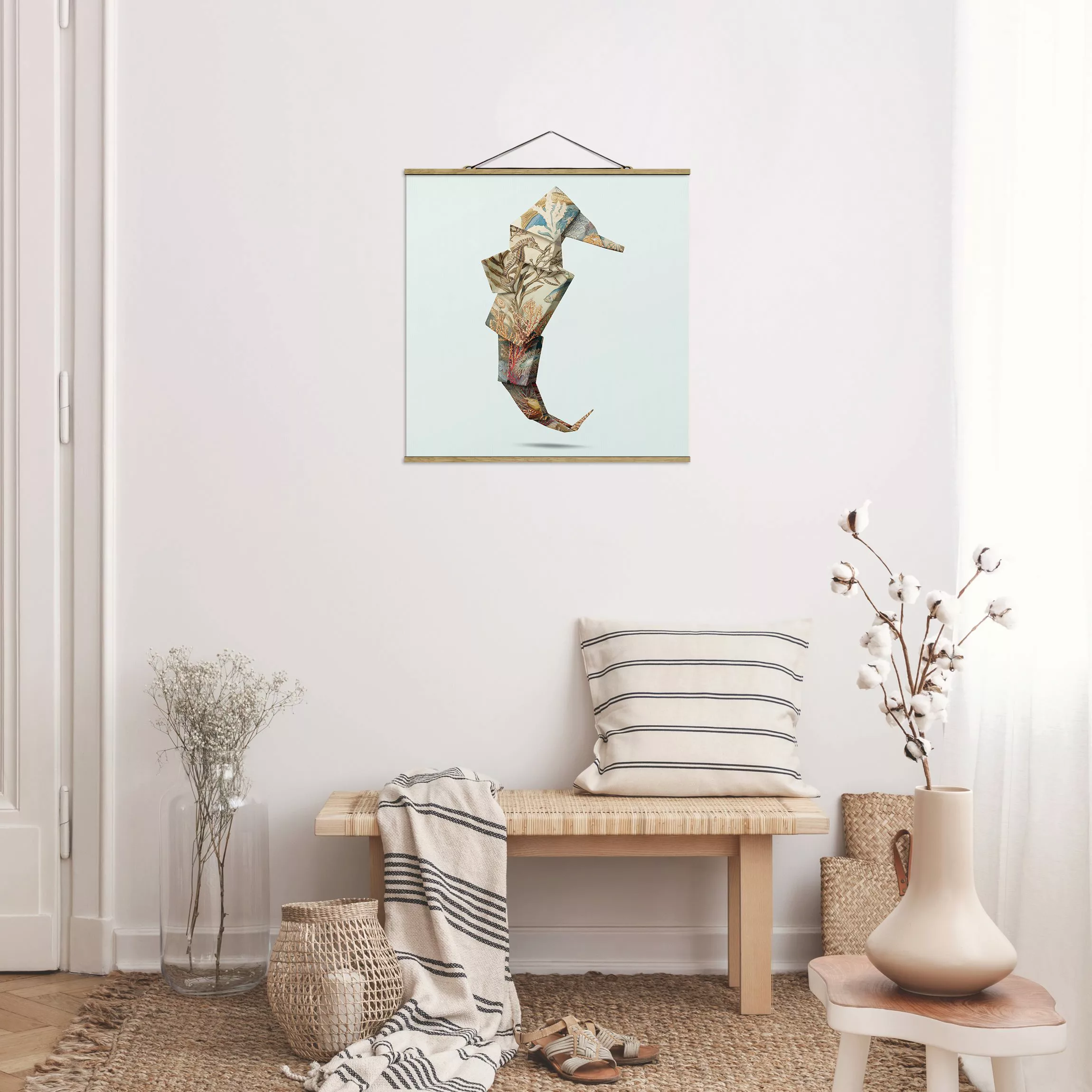 Stoffbild Tiere mit Posterleisten - Quadrat Origami Seepferdchen günstig online kaufen