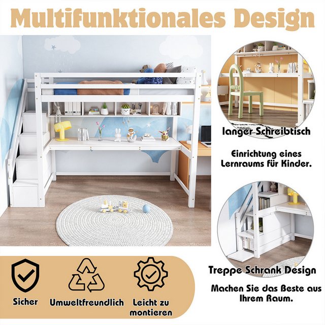 XDeer Kinderbett Hausbett mit Großen Schreibtisch Stauraumtreppe und Regale günstig online kaufen