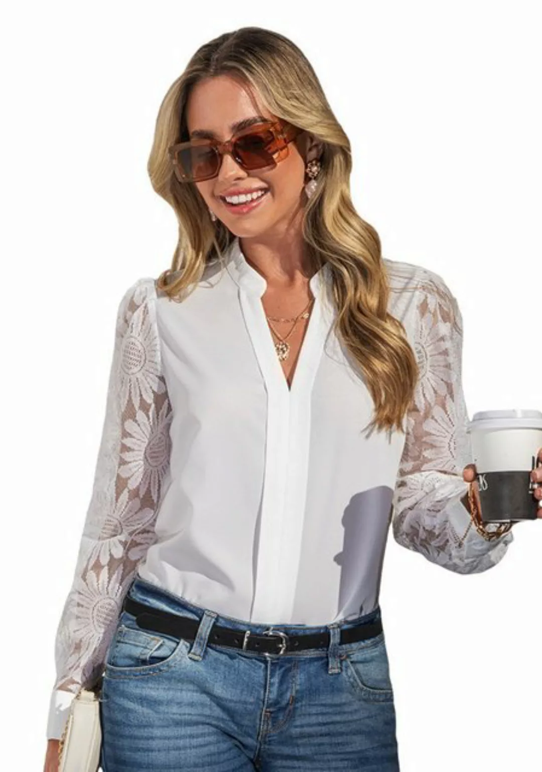 Cupshe Blusenshirt Hemd mit floraler Stickerei und durchsichtigen Ärmeln günstig online kaufen