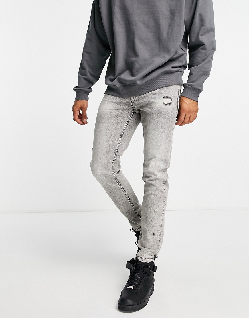 ASOS – Dark Future – Eng geschnittene Jeans in verwaschenem Grau mit Abnutz günstig online kaufen