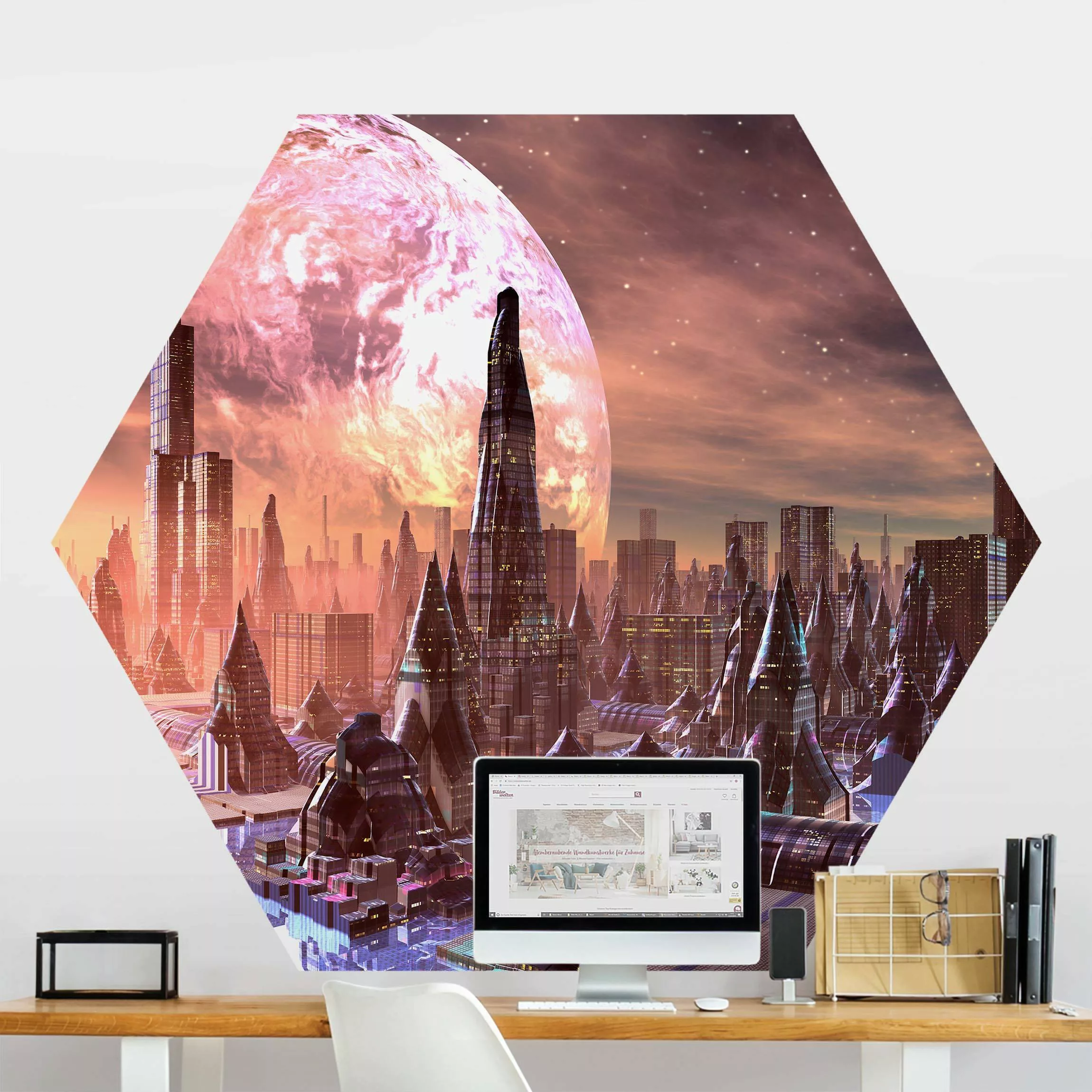 Hexagon Mustertapete selbstklebend Sci-Fi Stadt mit Planeten günstig online kaufen