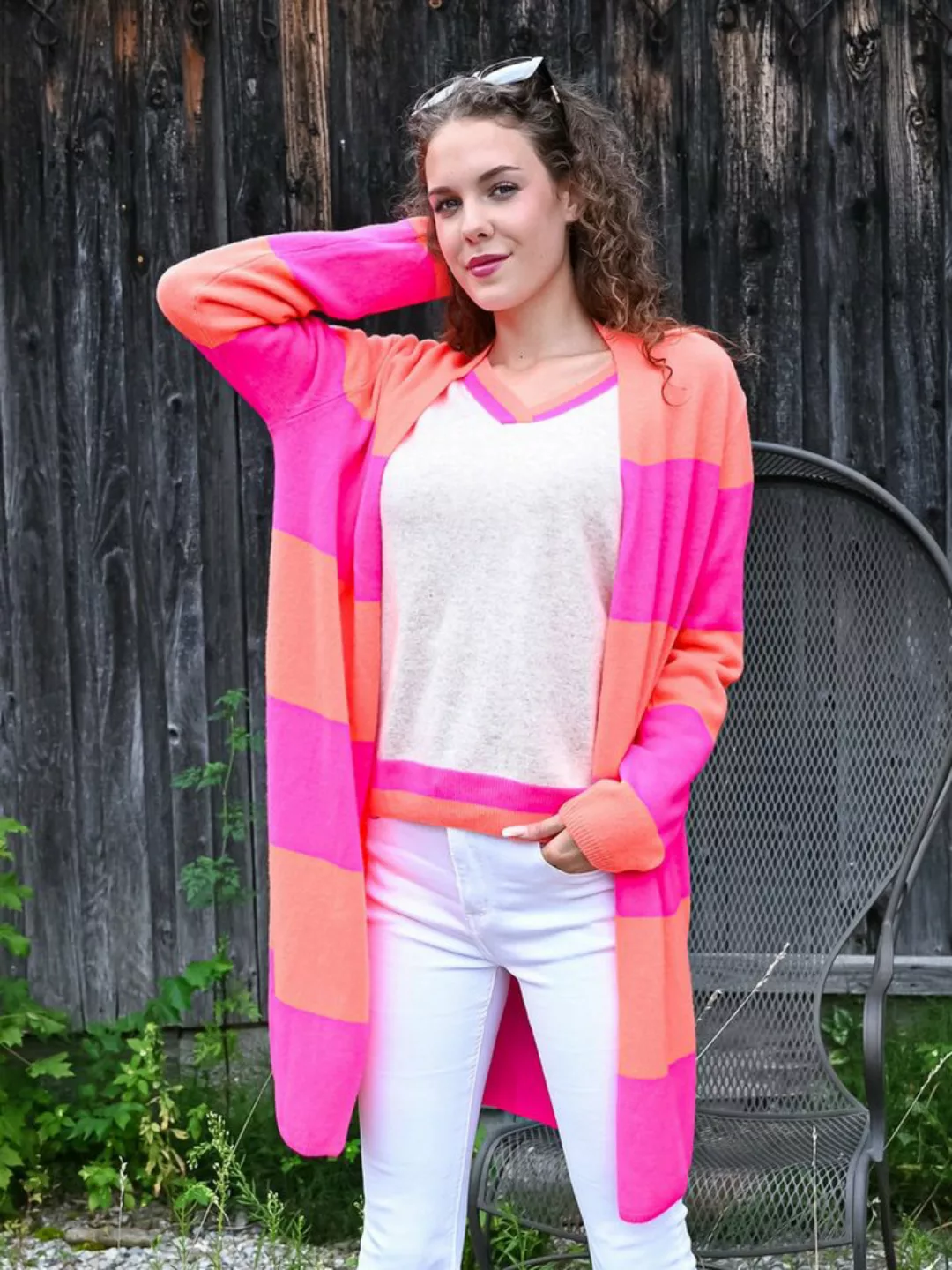 Zwillingsherz Strickmantel Kaschmir Longcardigan Orange Pink günstig online kaufen