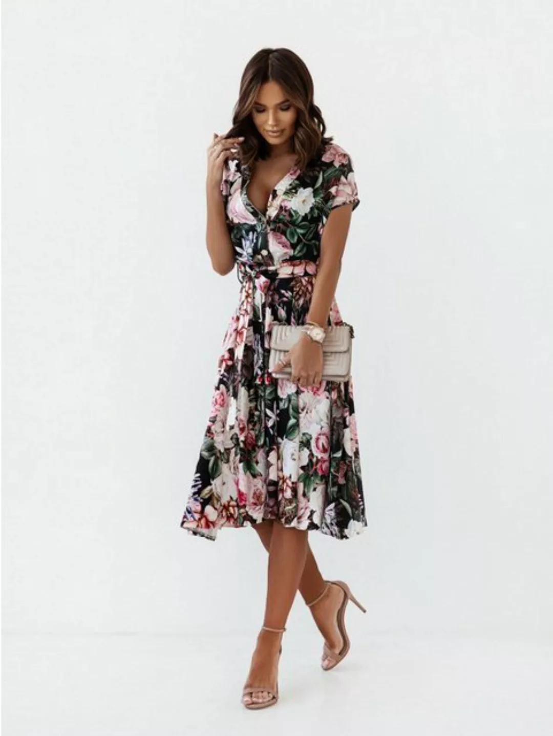 RUZU UG Dirndl Midikleid Kleid Damen bedrucktes Sommer-Taillen-Taillenkleid günstig online kaufen