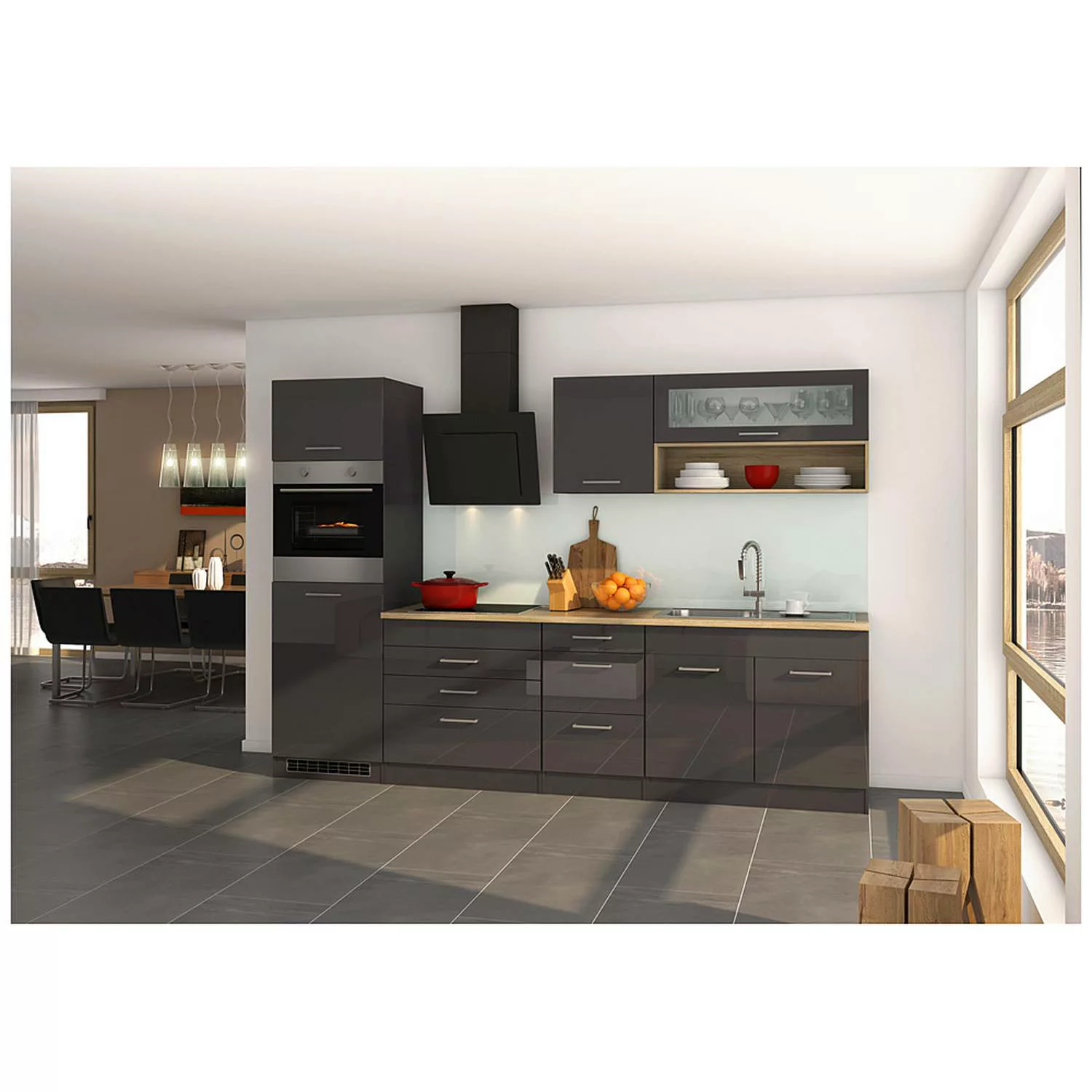 Küchenzeile 290 cm Grau Hochglanz, inkl. E-Geräte MARANELLO-03, Design-Glas günstig online kaufen