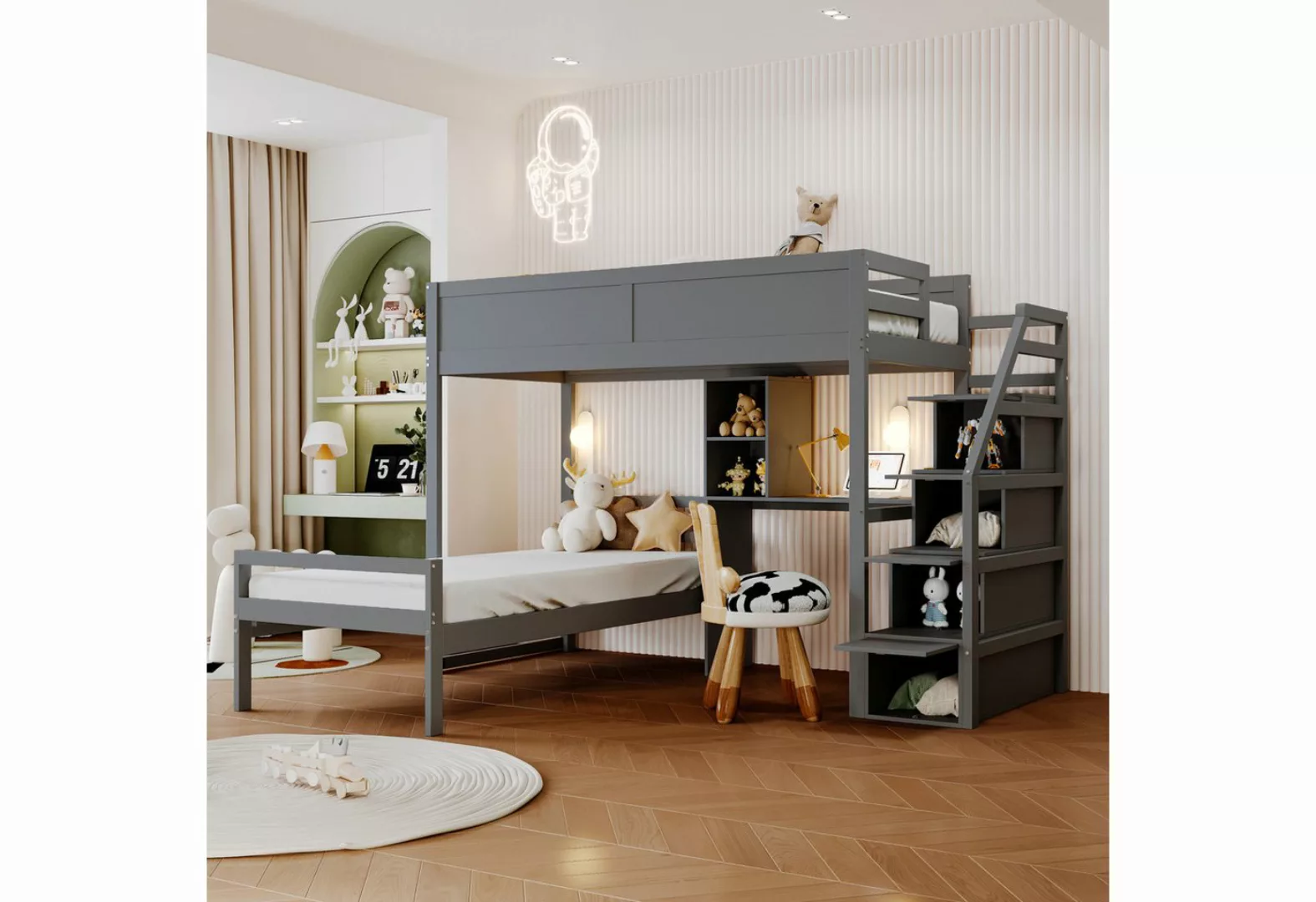 Flieks Etagenbett, Massivholz Kinderbett 90x200cm mit Stauraumtreppe und Sc günstig online kaufen